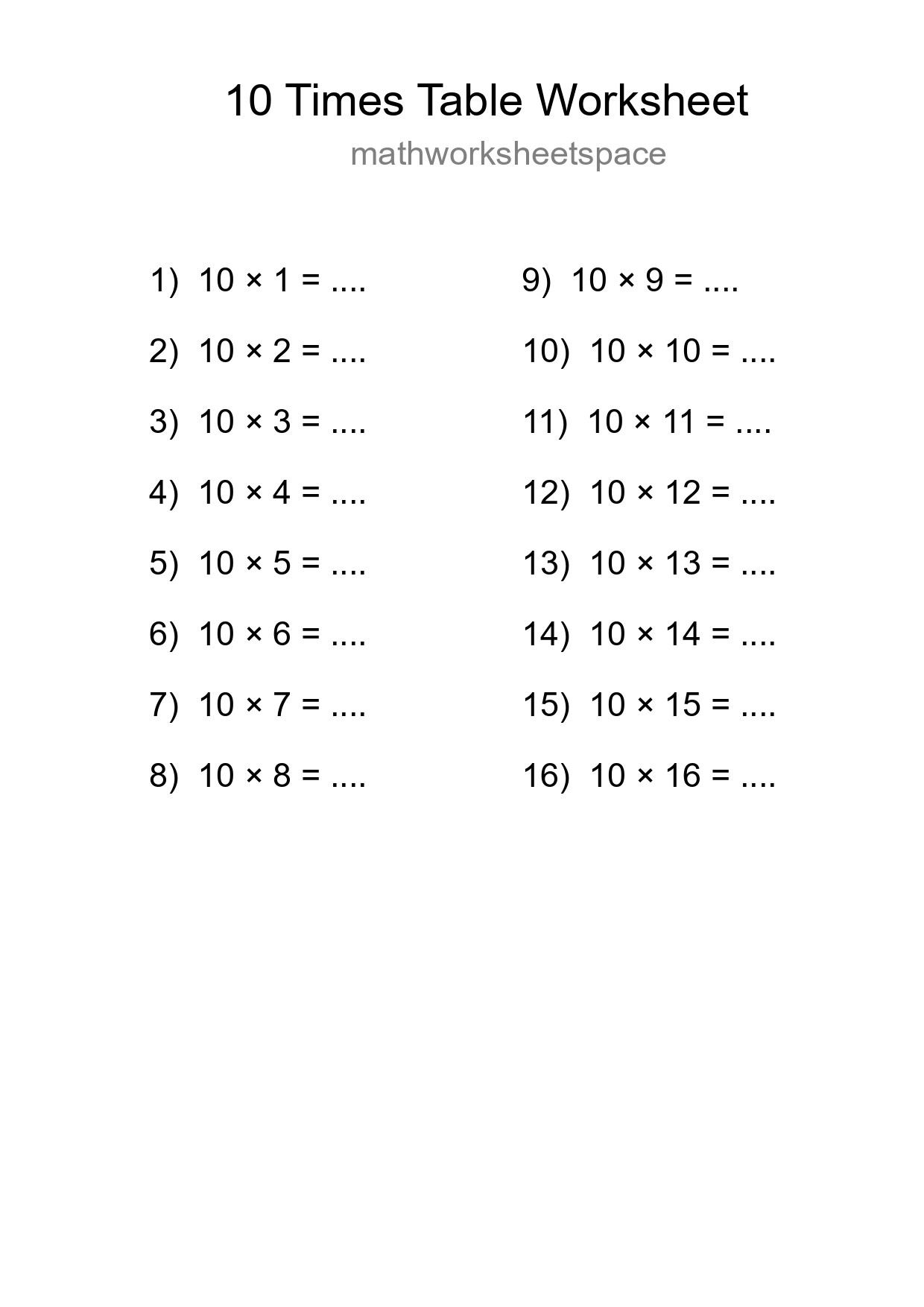 10 Times Table Worksheet For Grade 3 - Part 89