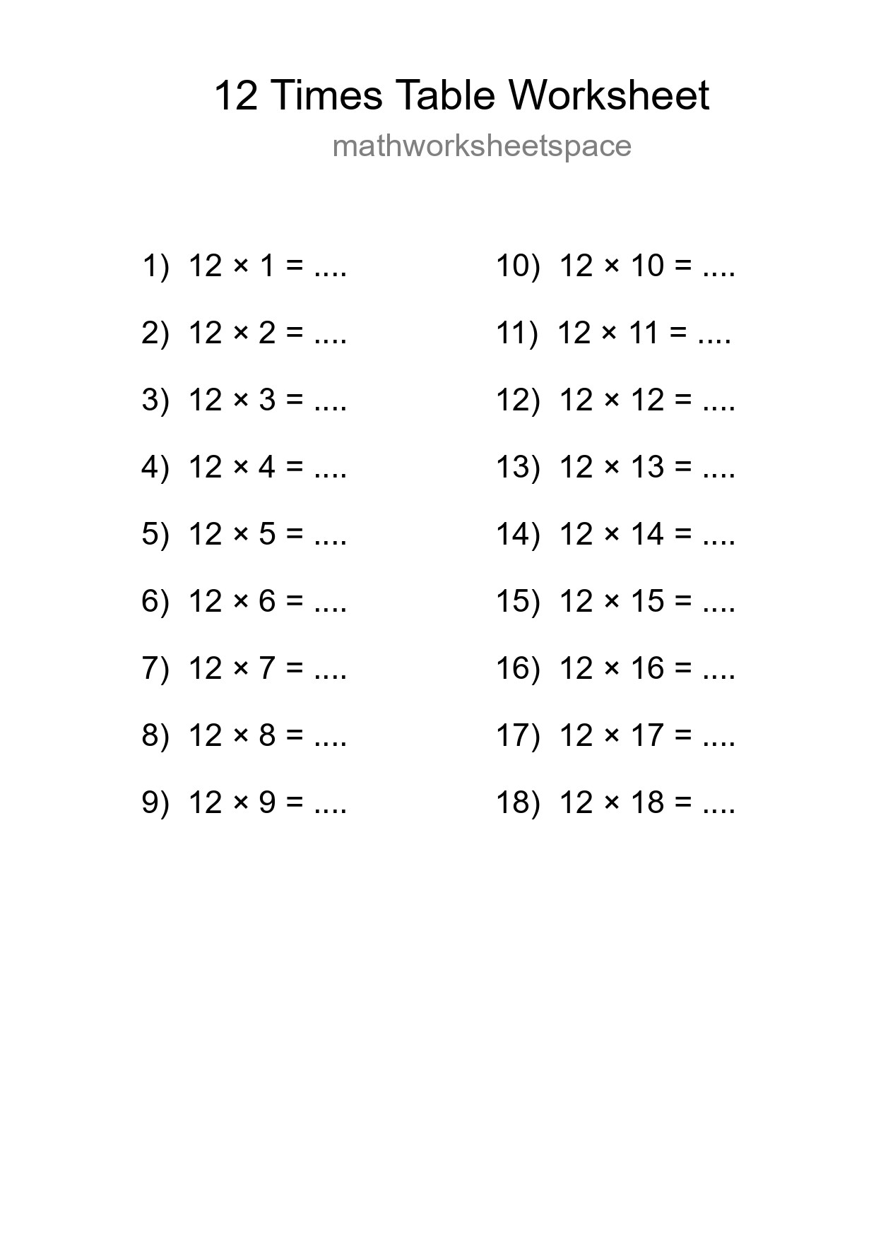 12 Times Table Worksheet For Grade 4 - Part 299