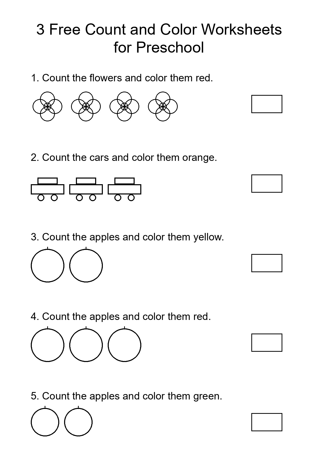 3 Free Count and Color Worksheets for Preschool