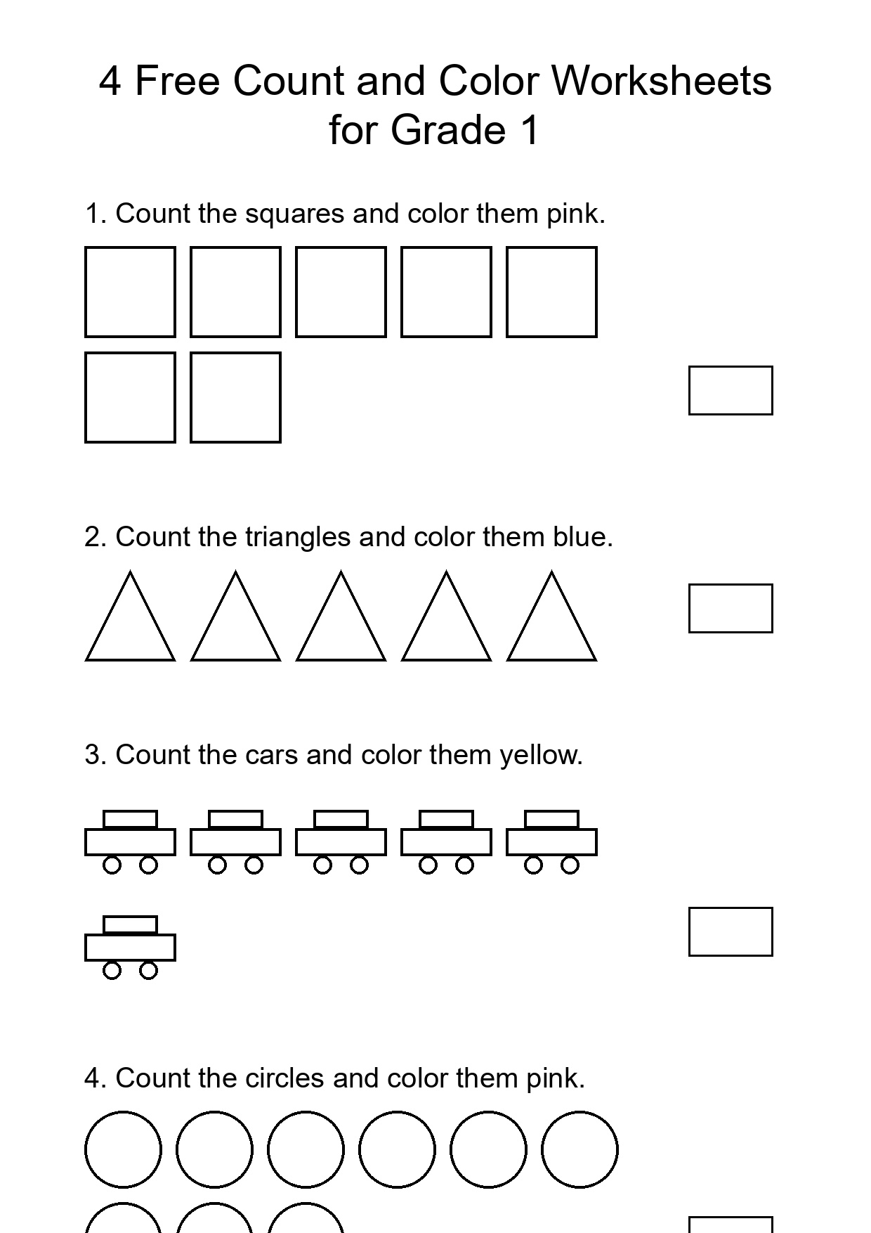 4 Free Count and Color Worksheets for Grade 1