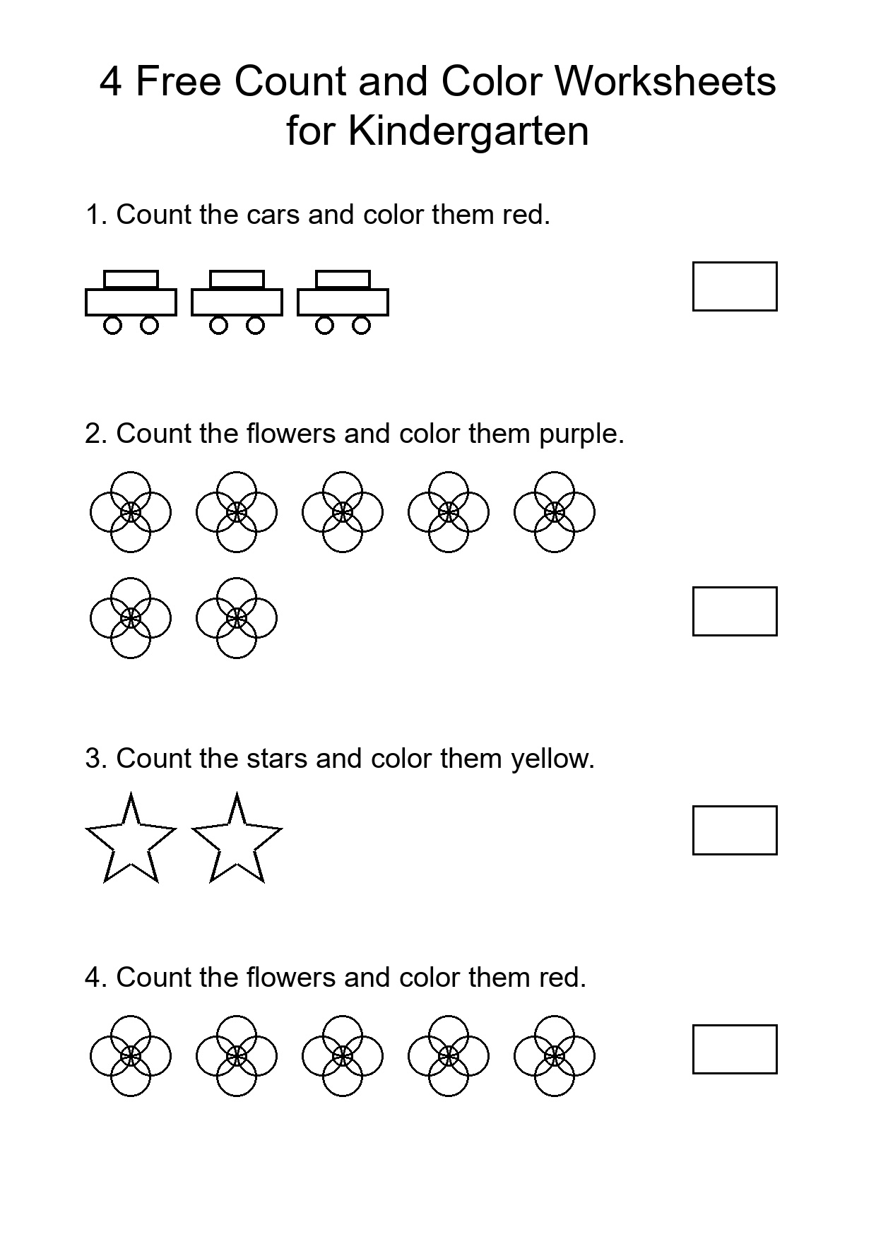 4 Free Count and Color Worksheets for Kindergarten