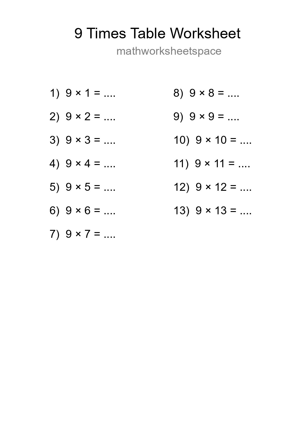 9 Times Table Worksheet For Grade 3 - Part 229