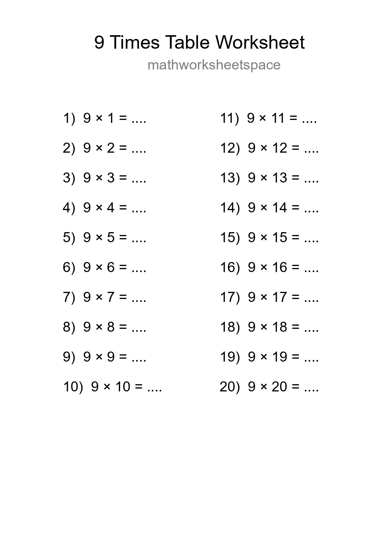 9 Times Table Worksheet For Grade 3 - Part 69