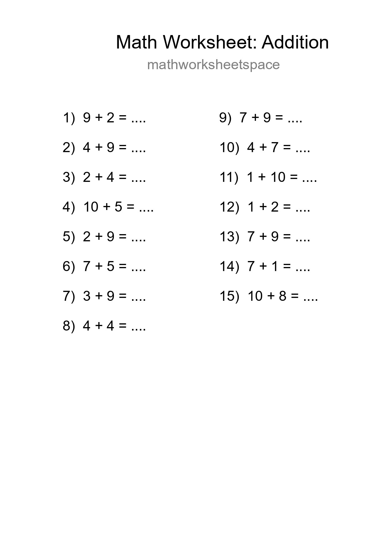 Free 15 Addition Math Worksheet For Grade 1 - Part 111