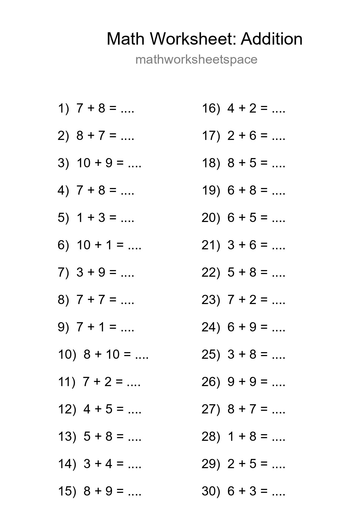 Free 30 Addition Math Worksheet For Grade 1 With Answers - Part 291
