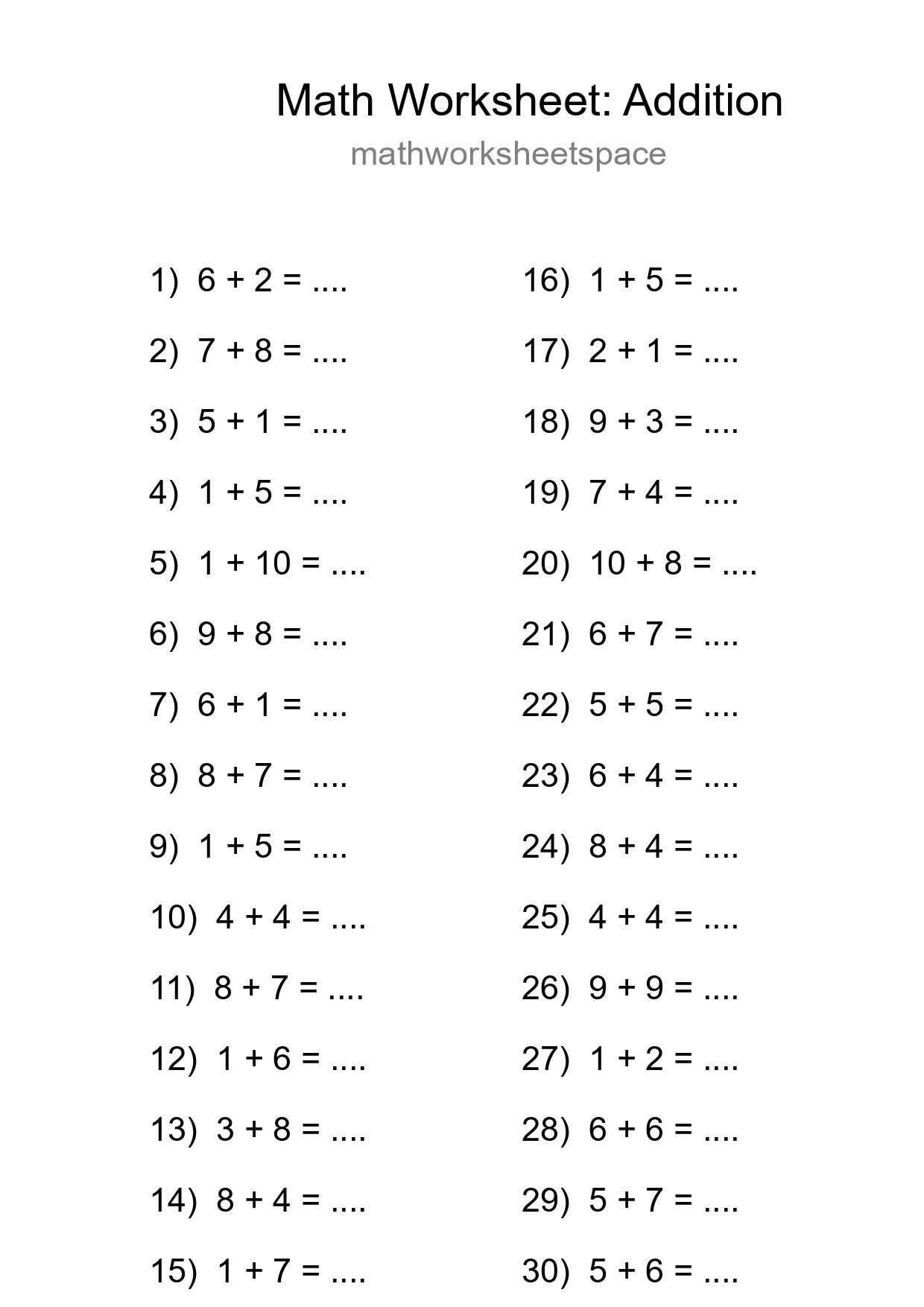 Free 30 Addition Math Worksheet For Grade 1 With Answers - Part 61
