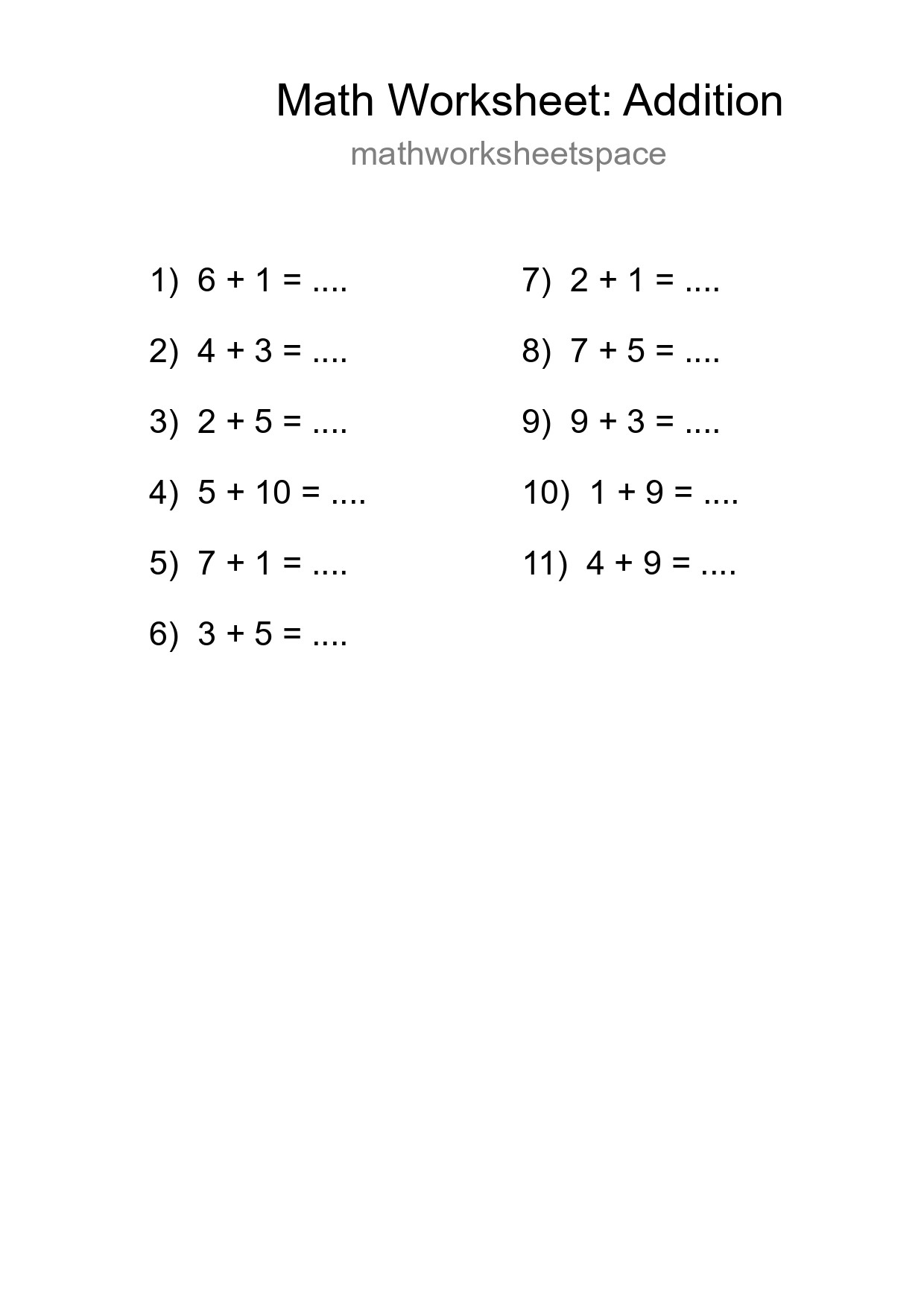 Grade 1 Addition Practice Worksheet (11 Problems) - Part 21