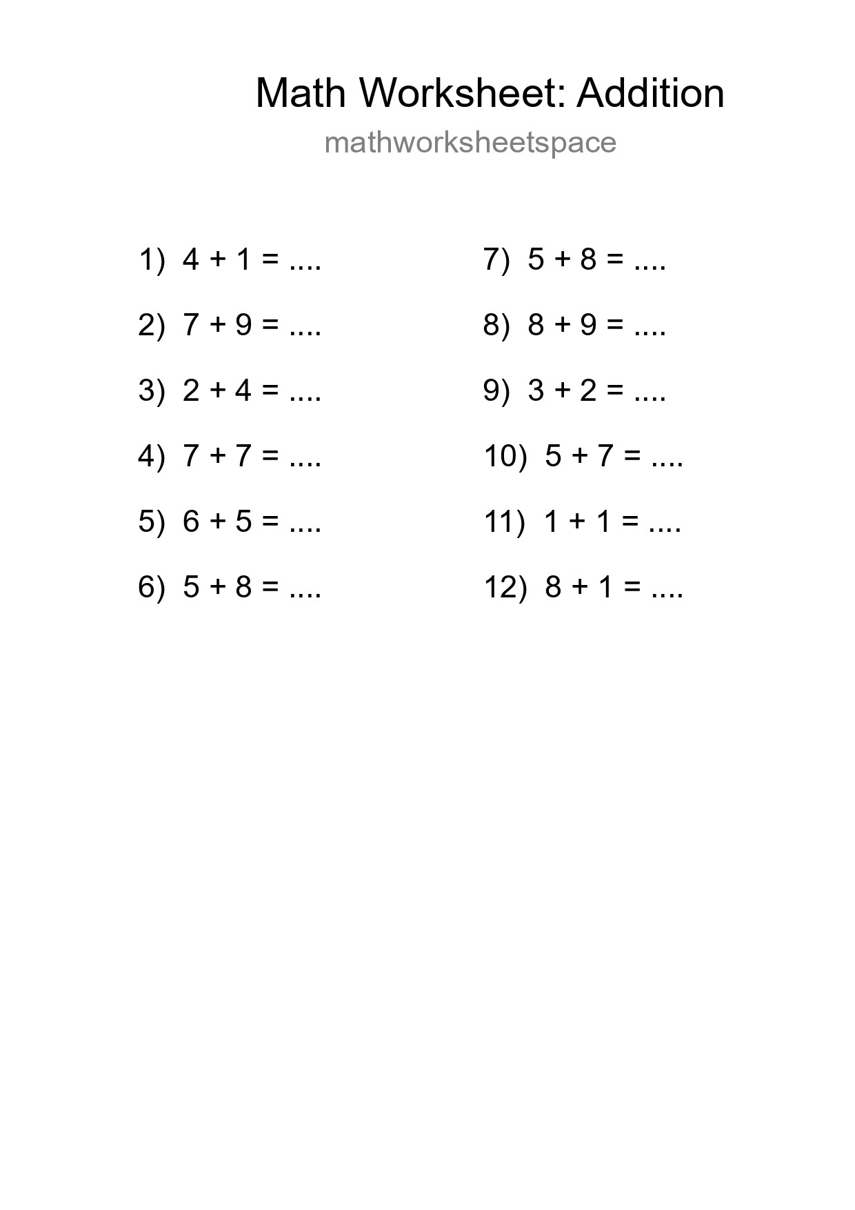 Grade 1 Addition Practice Worksheet (12 Problems) - Part 81