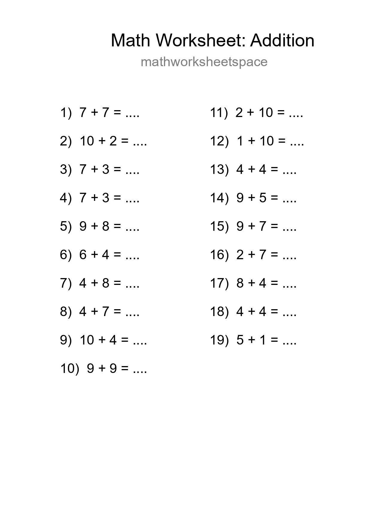 Grade 1 Addition Practice Worksheet (19 Problems) - Part 171