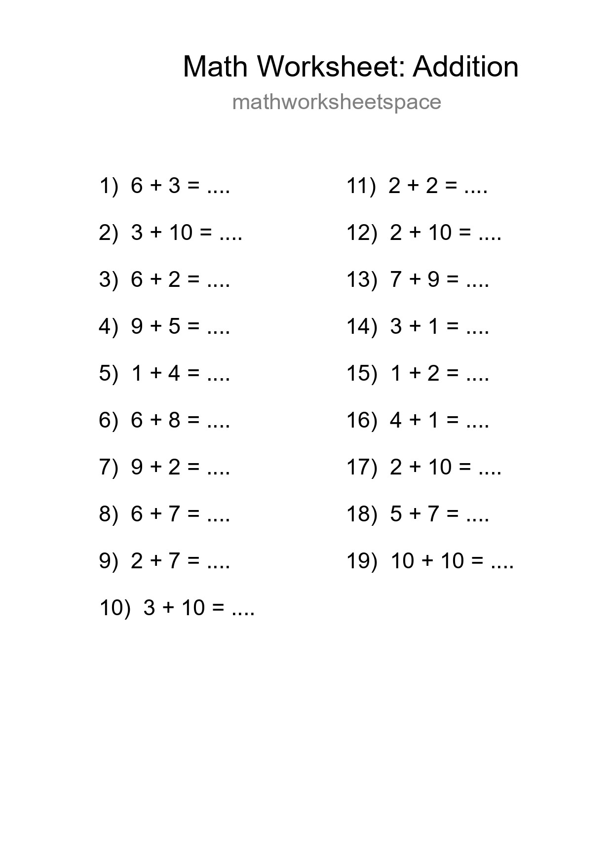 Grade 1 Addition Practice Worksheet (19 Problems) - Part 41
