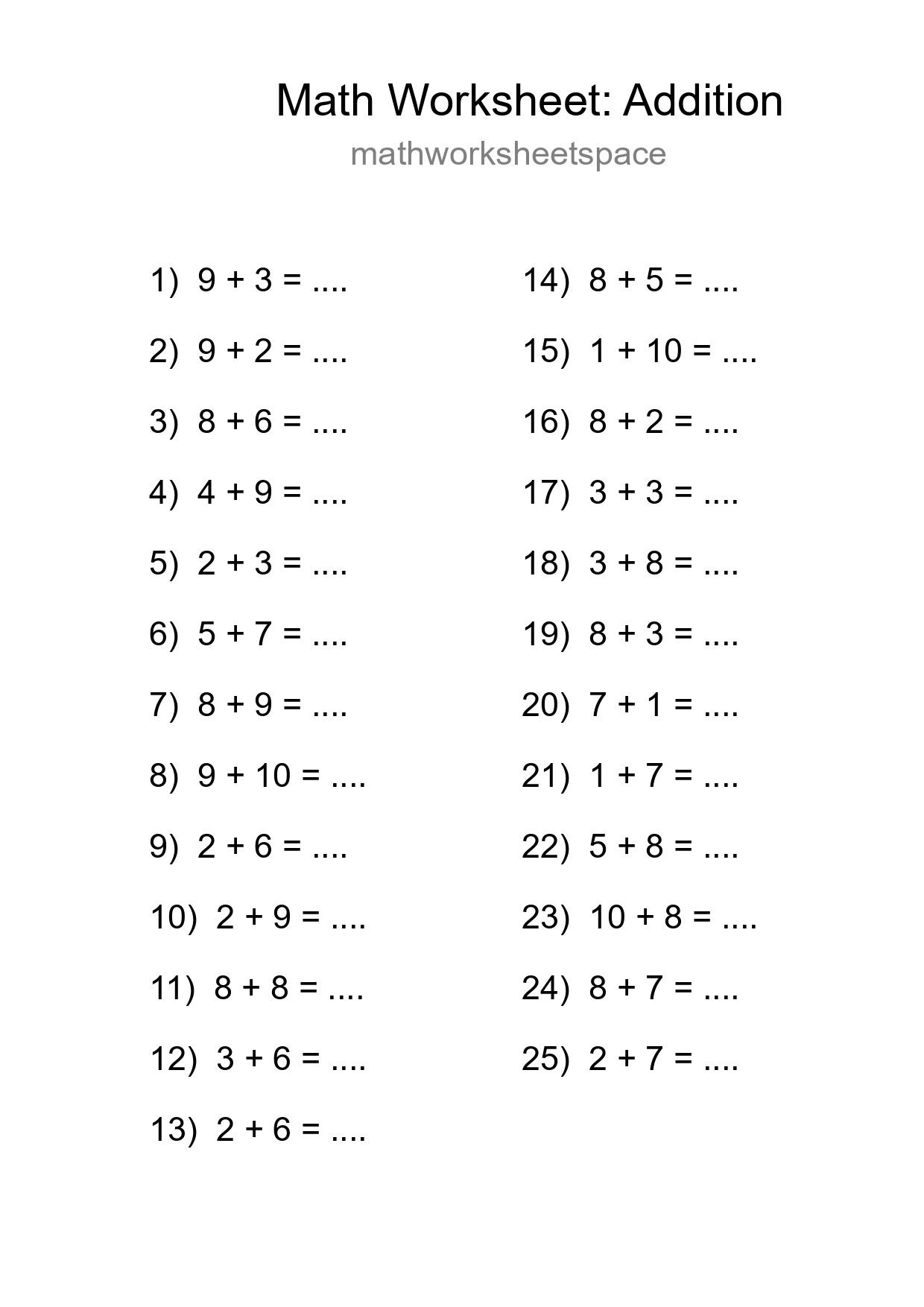 Grade 1 Addition Practice Worksheet (25 Problems) - Part 151