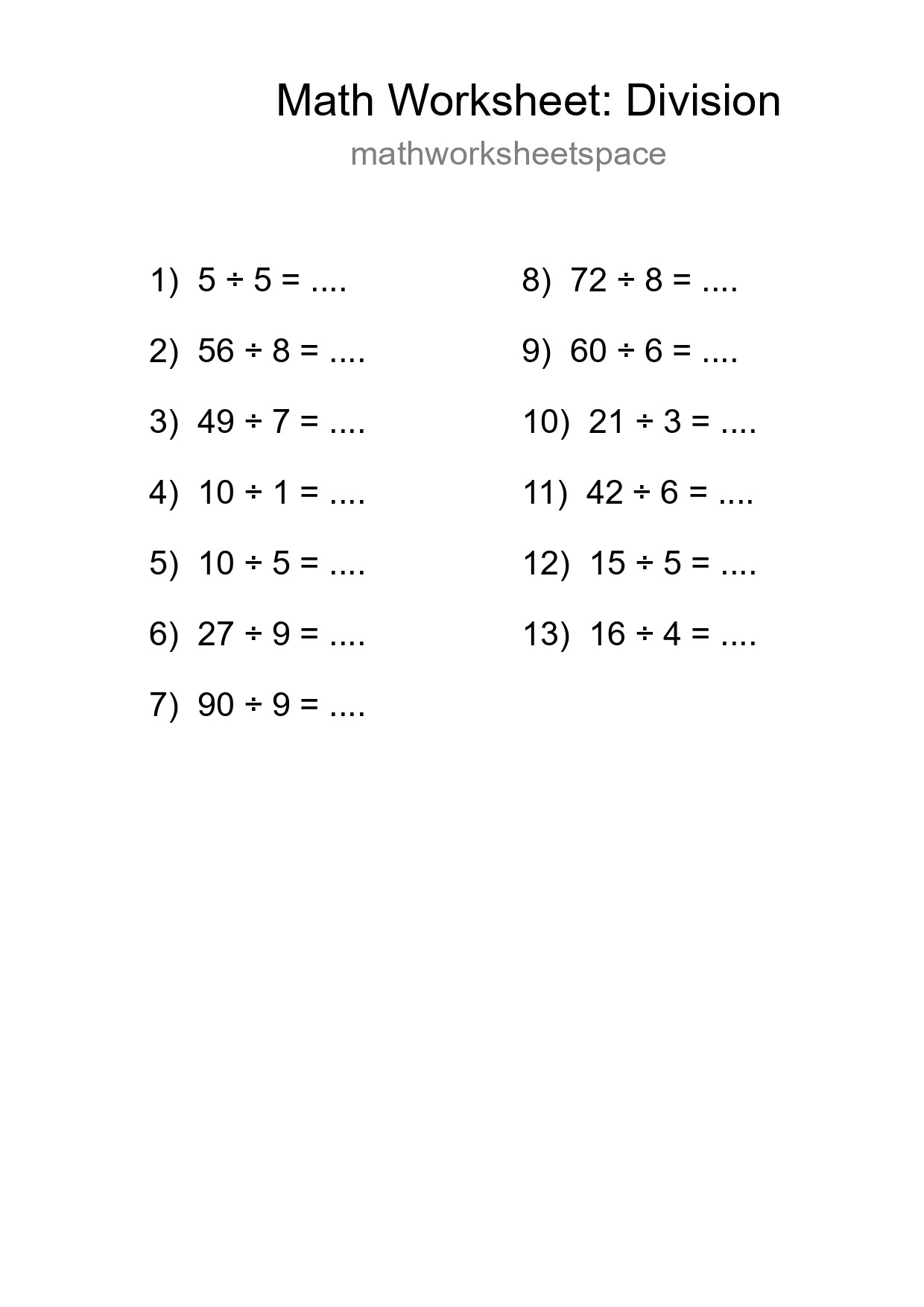 Grade 1 Division Practice Worksheet (13 Problems) - Part 284