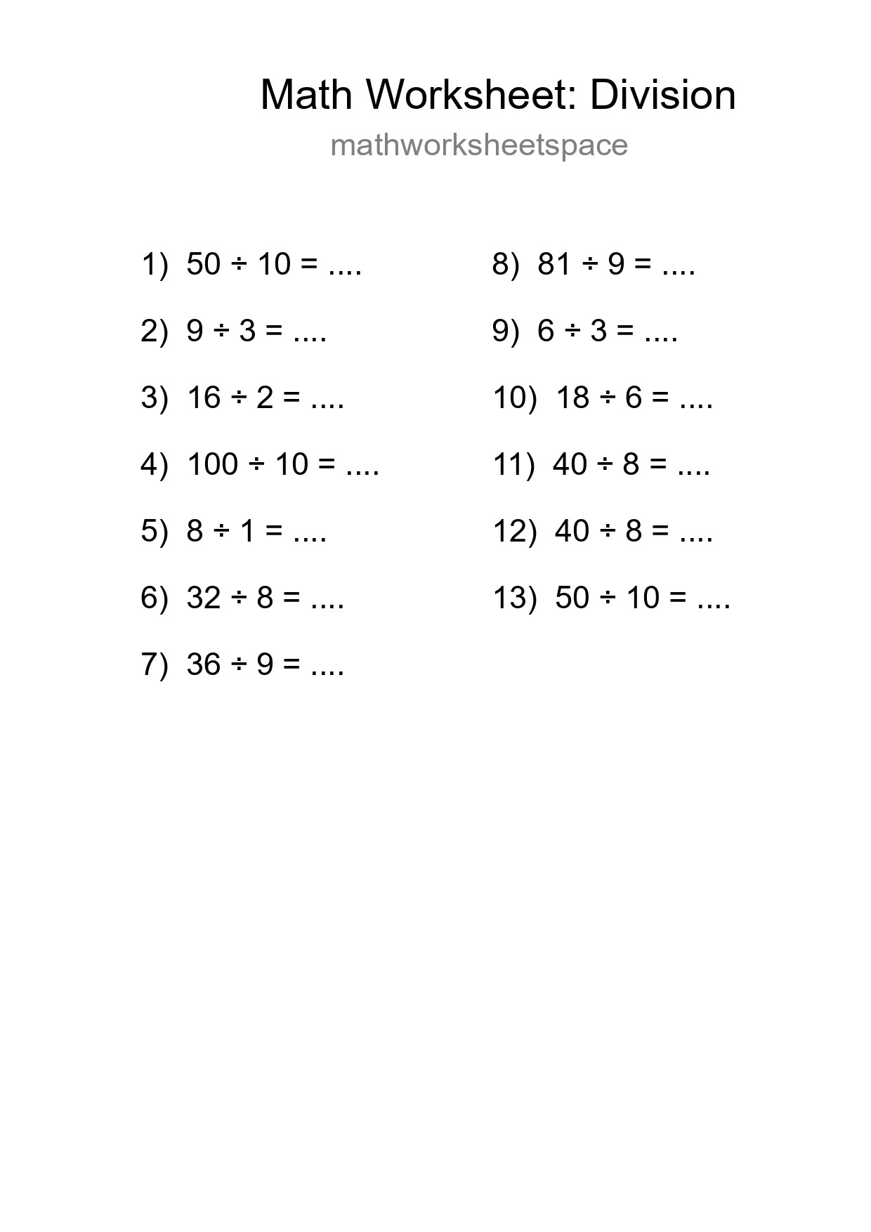 Grade 1 Division Practice Worksheet (13 Problems) - Part 54