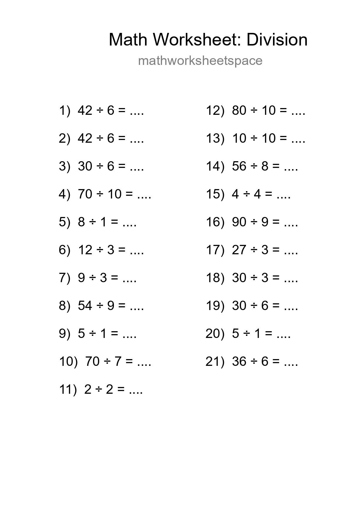 Grade 1 Division Practice Worksheet (21 Problems) - Part 194