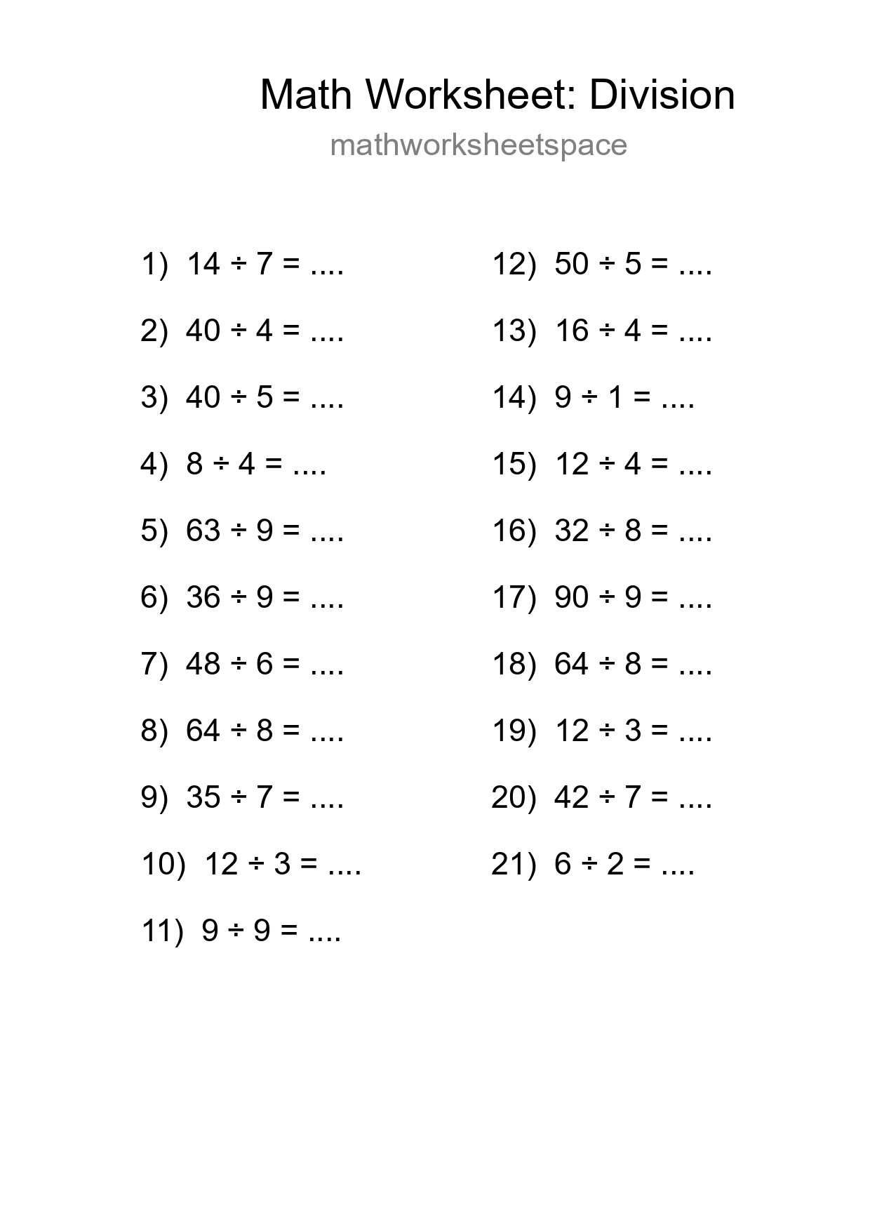 Grade 1 Division Practice Worksheet (21 Problems) - Part 84