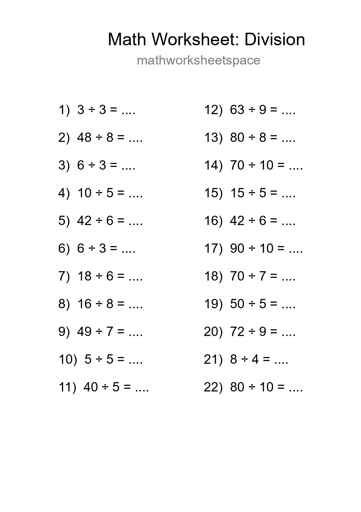 Grade 1 Division Practice Worksheet (22 Problems) - Part 24