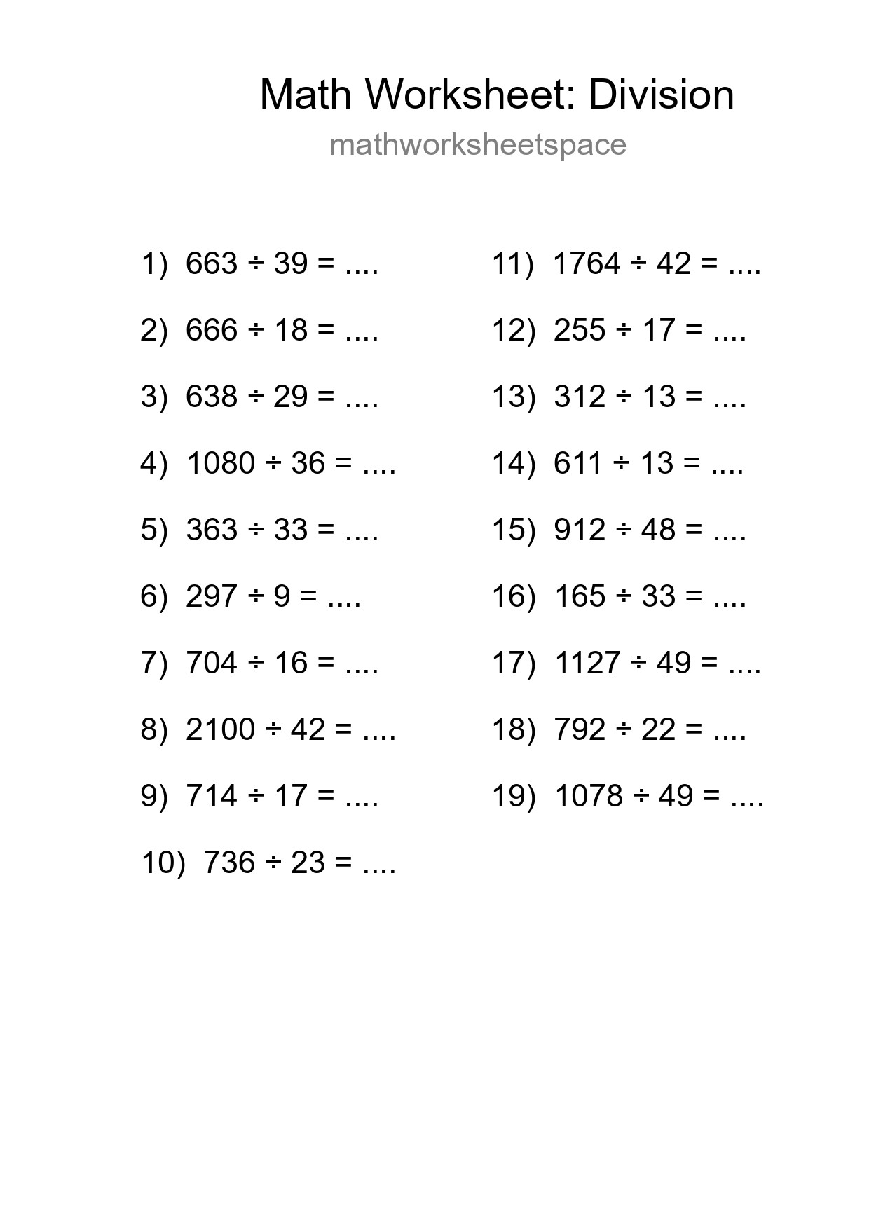 Grade 2 Division Practice Worksheet (19 Problems) - Part 34