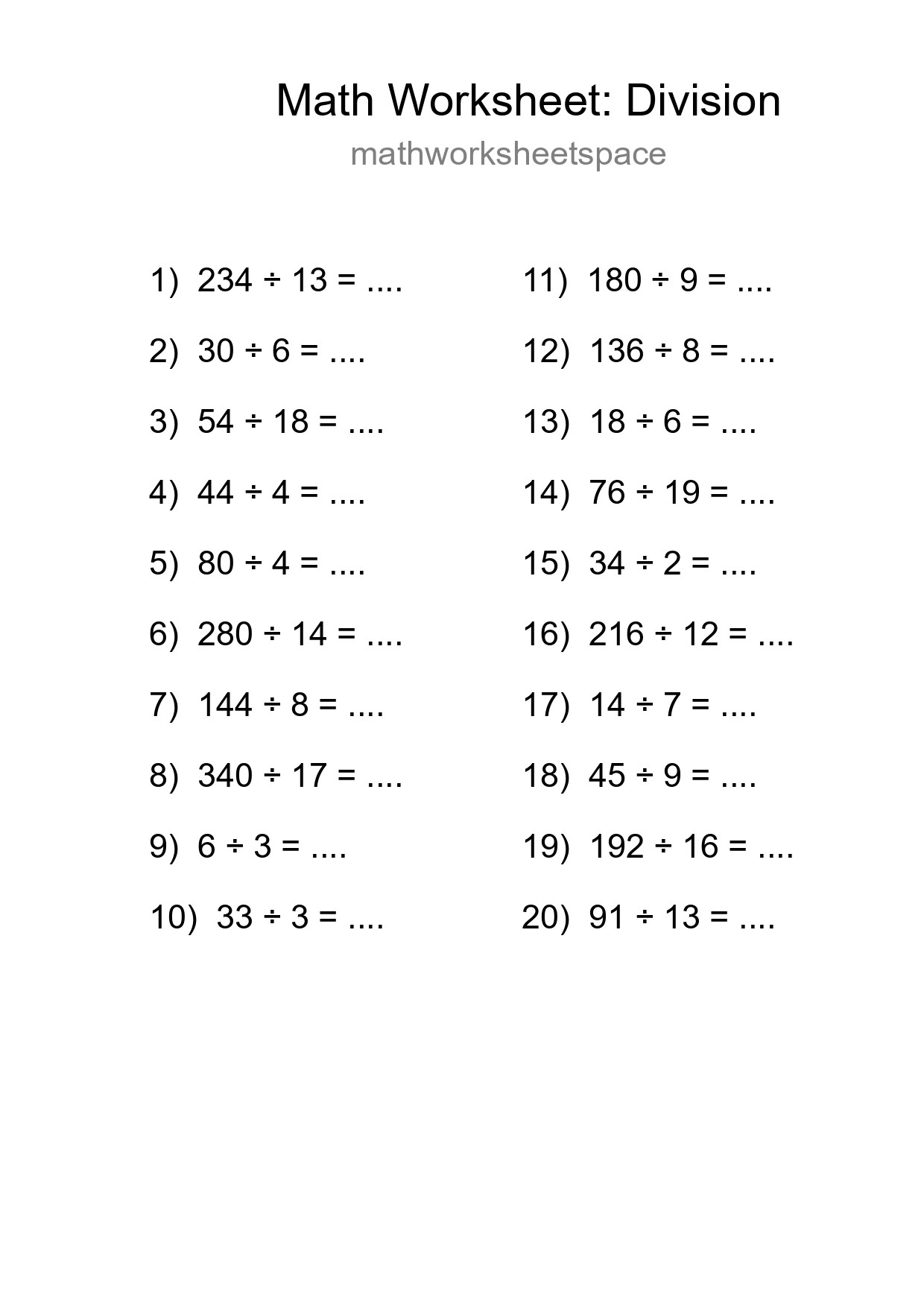 Grade 2 Division Practice Worksheet (20 Problems) - Part 124