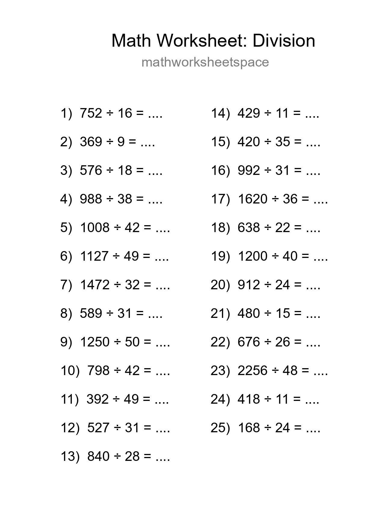 Grade 2 Division Practice Worksheet (25 Problems) - Part 74