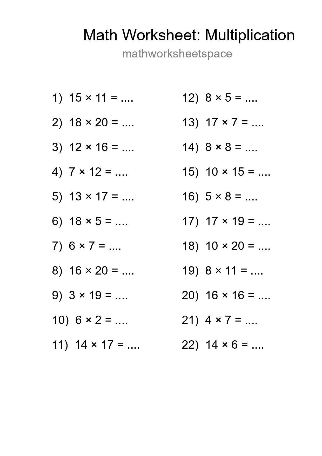 Grade 2 Multiplication Practice Worksheet (22 Problems) - Part 27