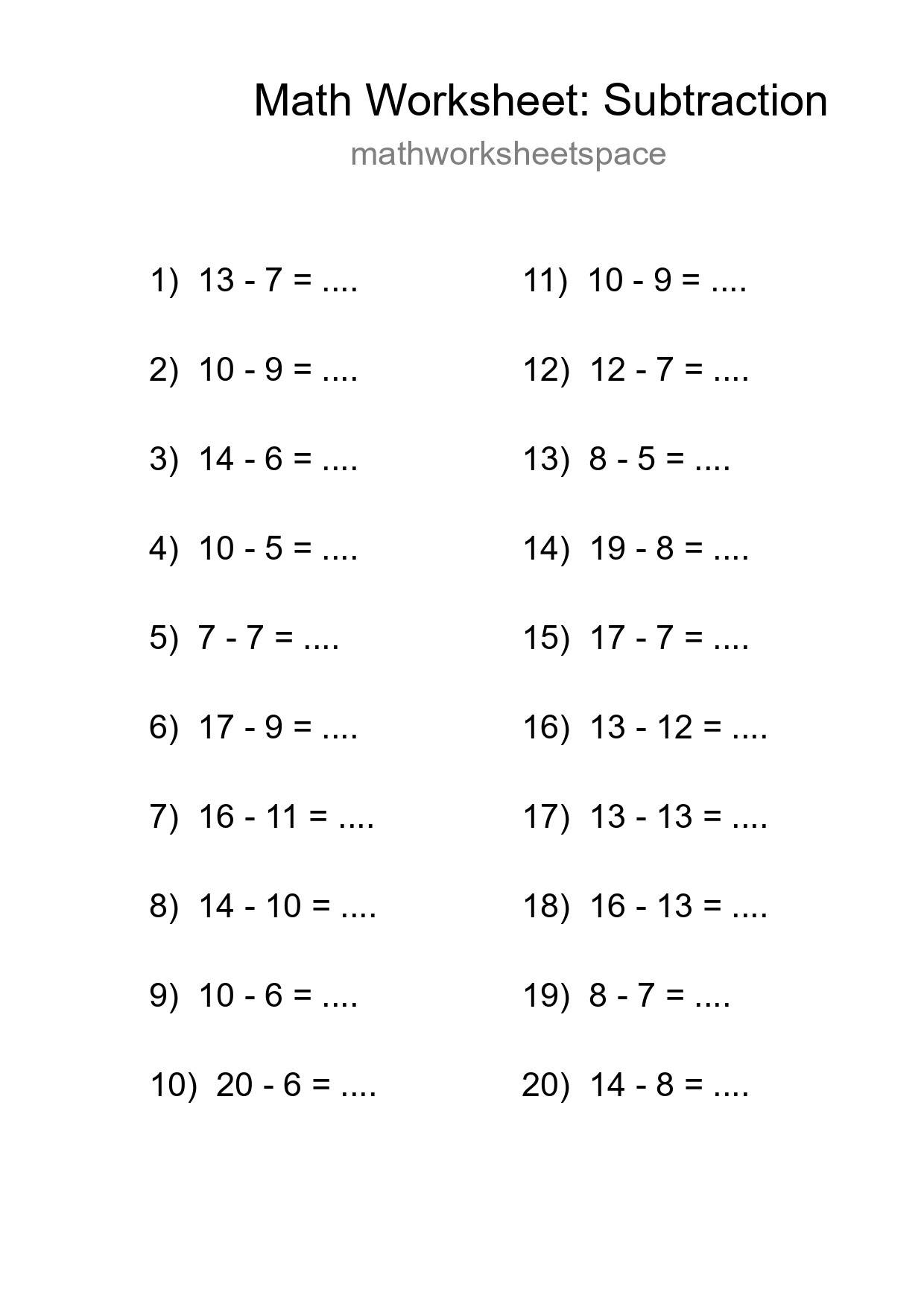 Grade 2 Subtraction Practice Worksheet (20 Problems) - Part 288
