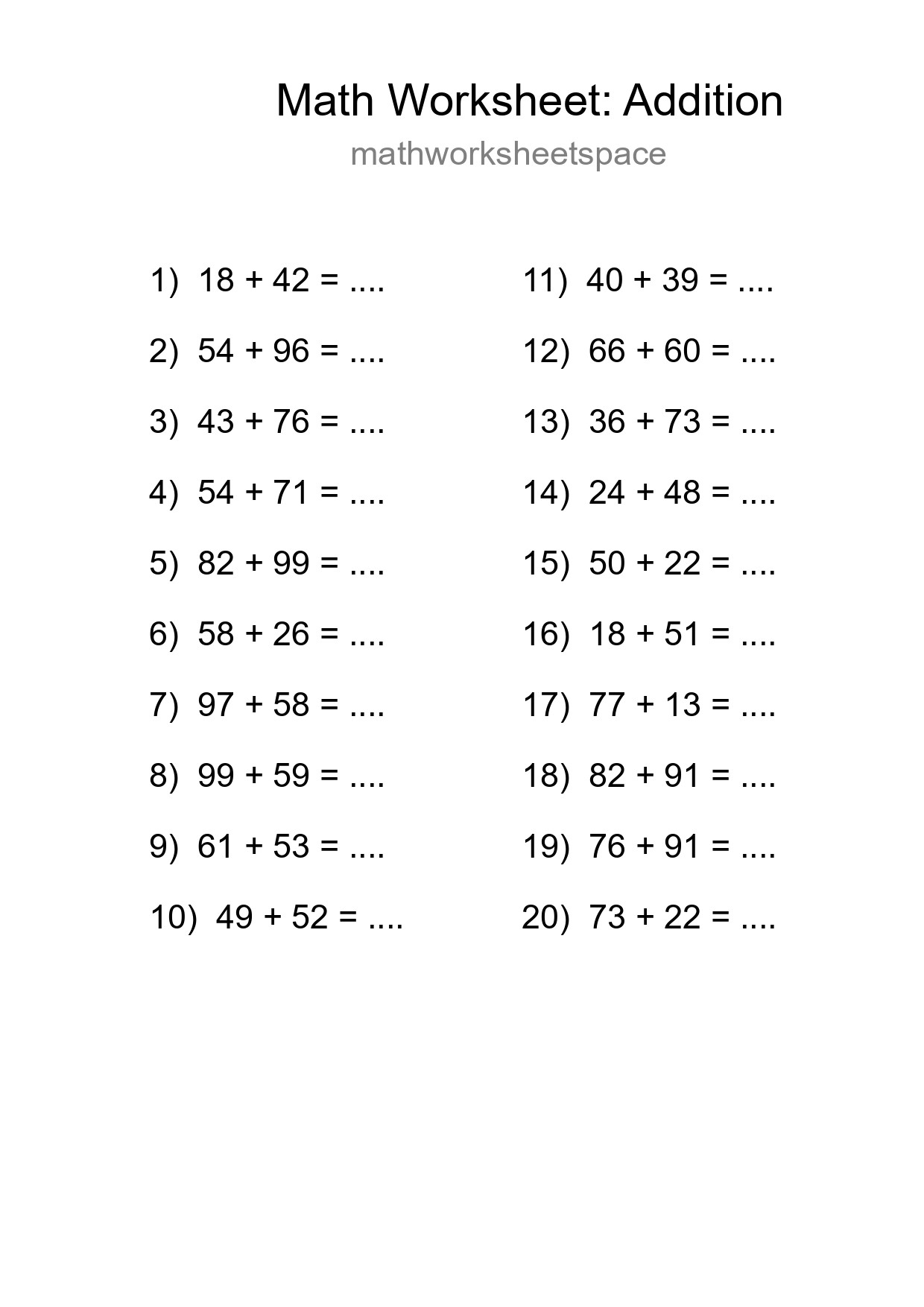 Grade 3 Addition Practice Worksheet (20 Problems) - Part 241