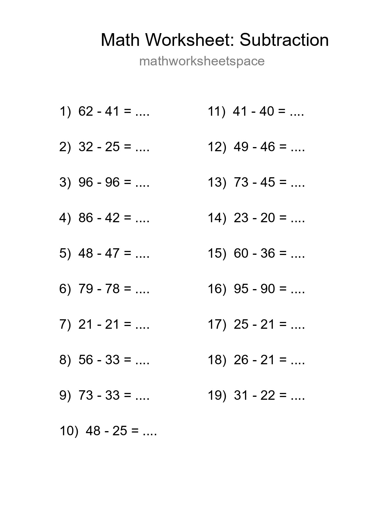 Grade 3 Subtraction Practice Worksheet (19 Problems) - Part 148
