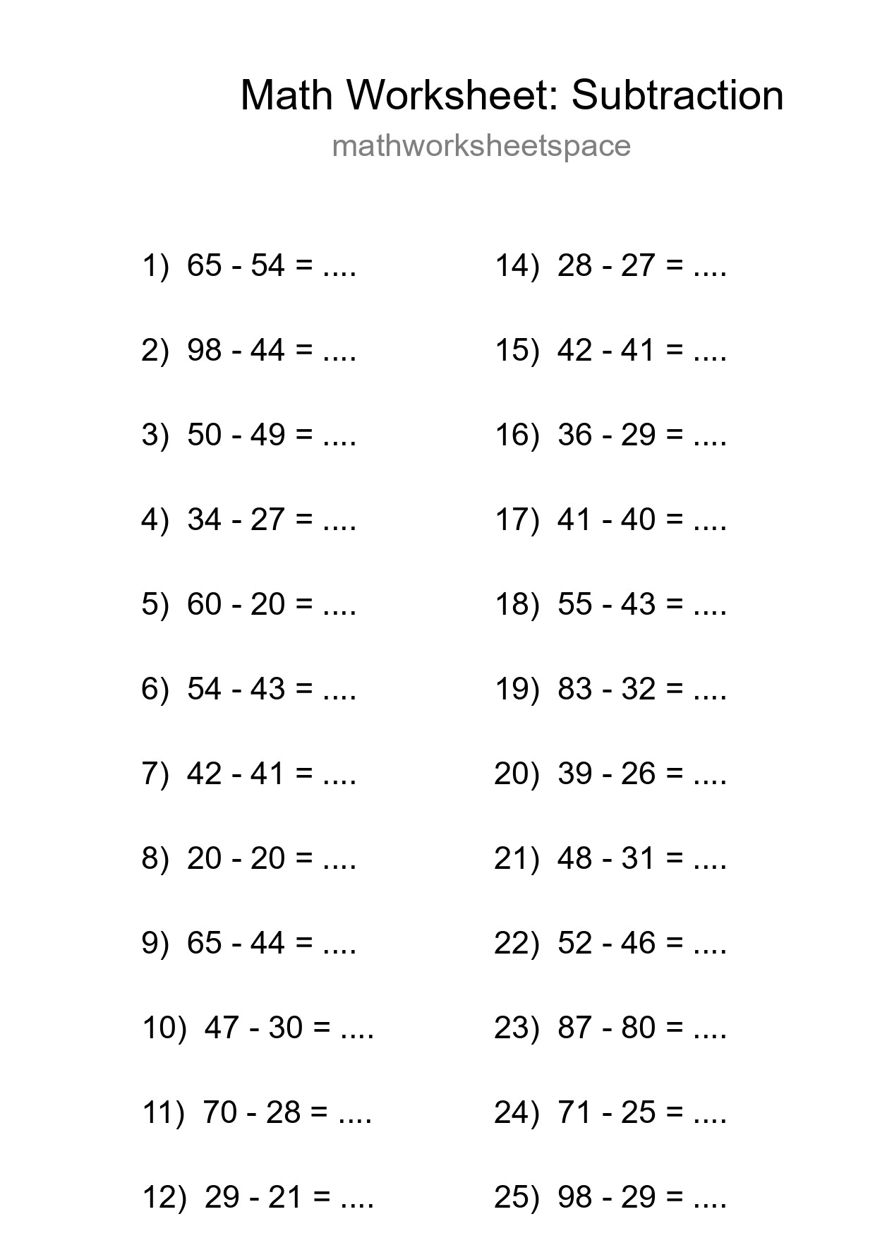 Grade 3 Subtraction Practice Worksheet (25 Problems) - Part 238