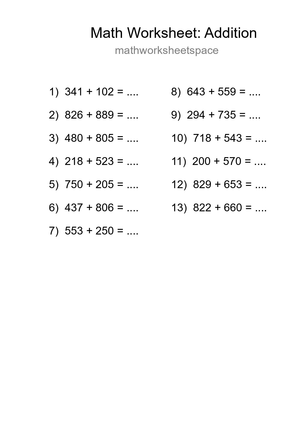 Grade 5 Addition Practice Worksheet (13 Problems) - Part 141