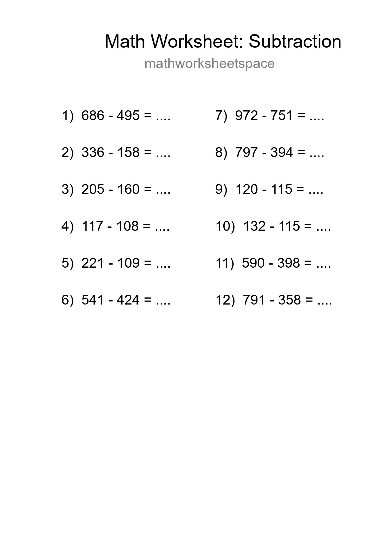 Grade 5 Subtraction Practice Worksheet (12 Problems) - Part 138