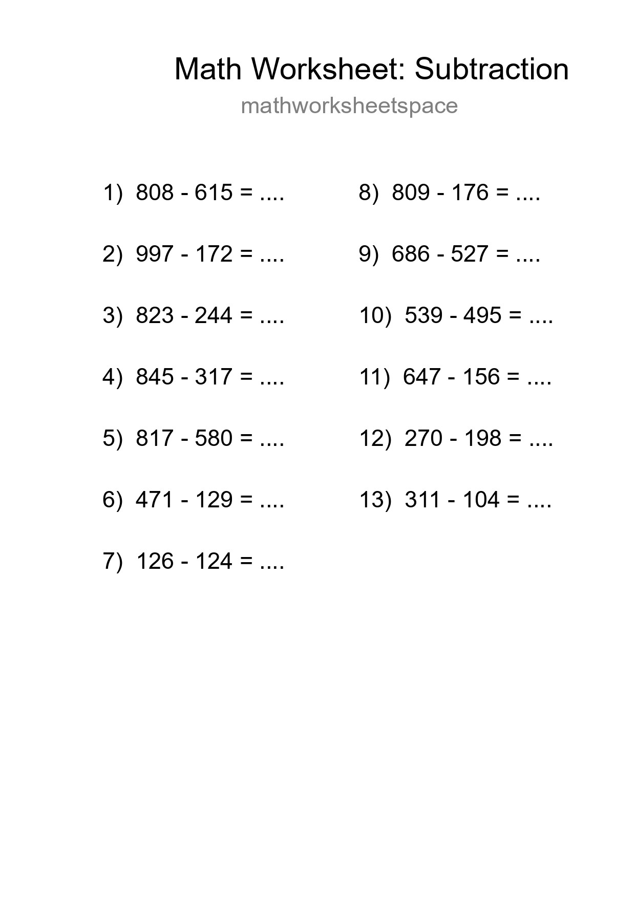 Grade 5 Subtraction Practice Worksheet (13 Problems) - Part 78