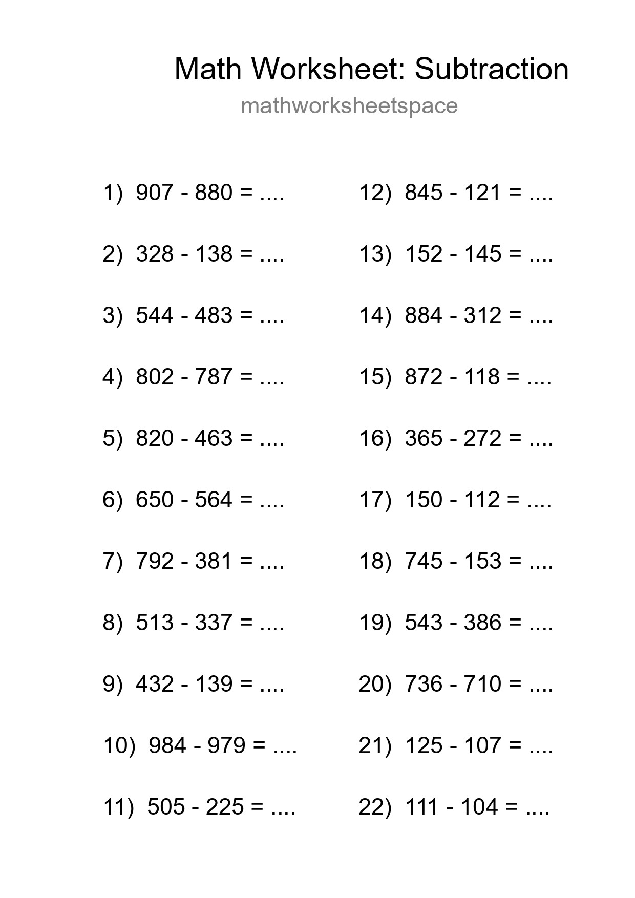 Grade 5 Subtraction Practice Worksheet (22 Problems) - Part 28