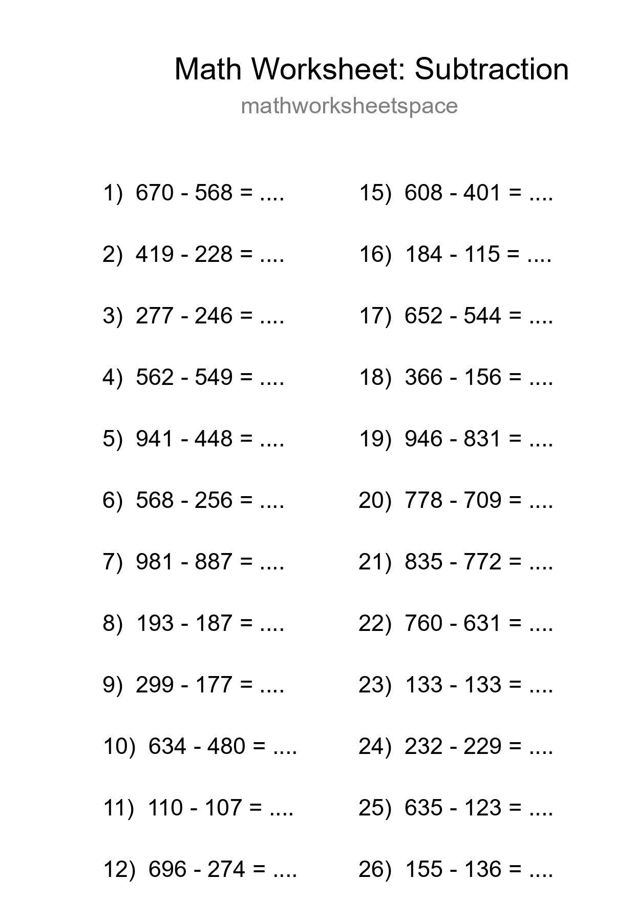 Grade 5 Subtraction Practice Worksheet (27 Problems) - Part 128