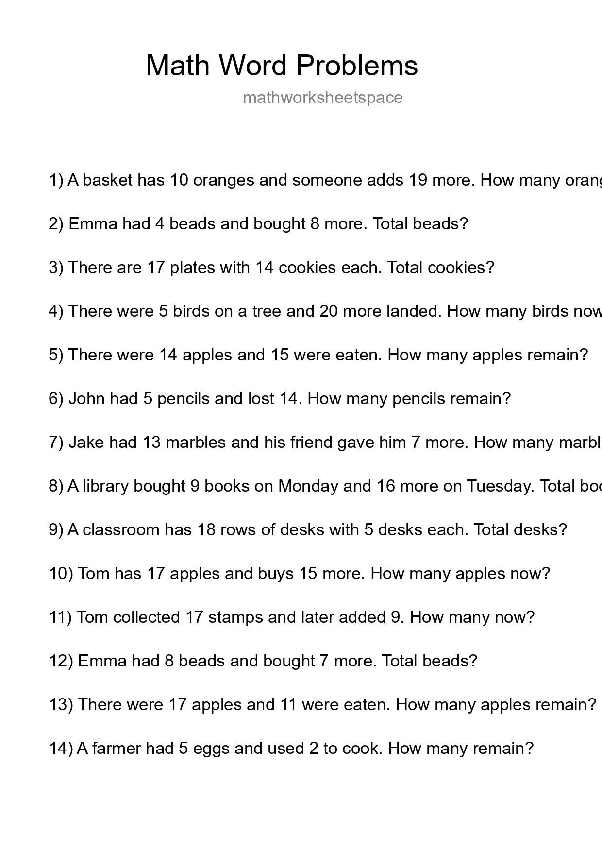 Math Word Problem Worksheet