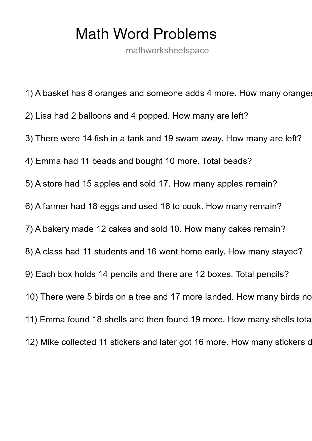 Math Word Problem Worksheet
