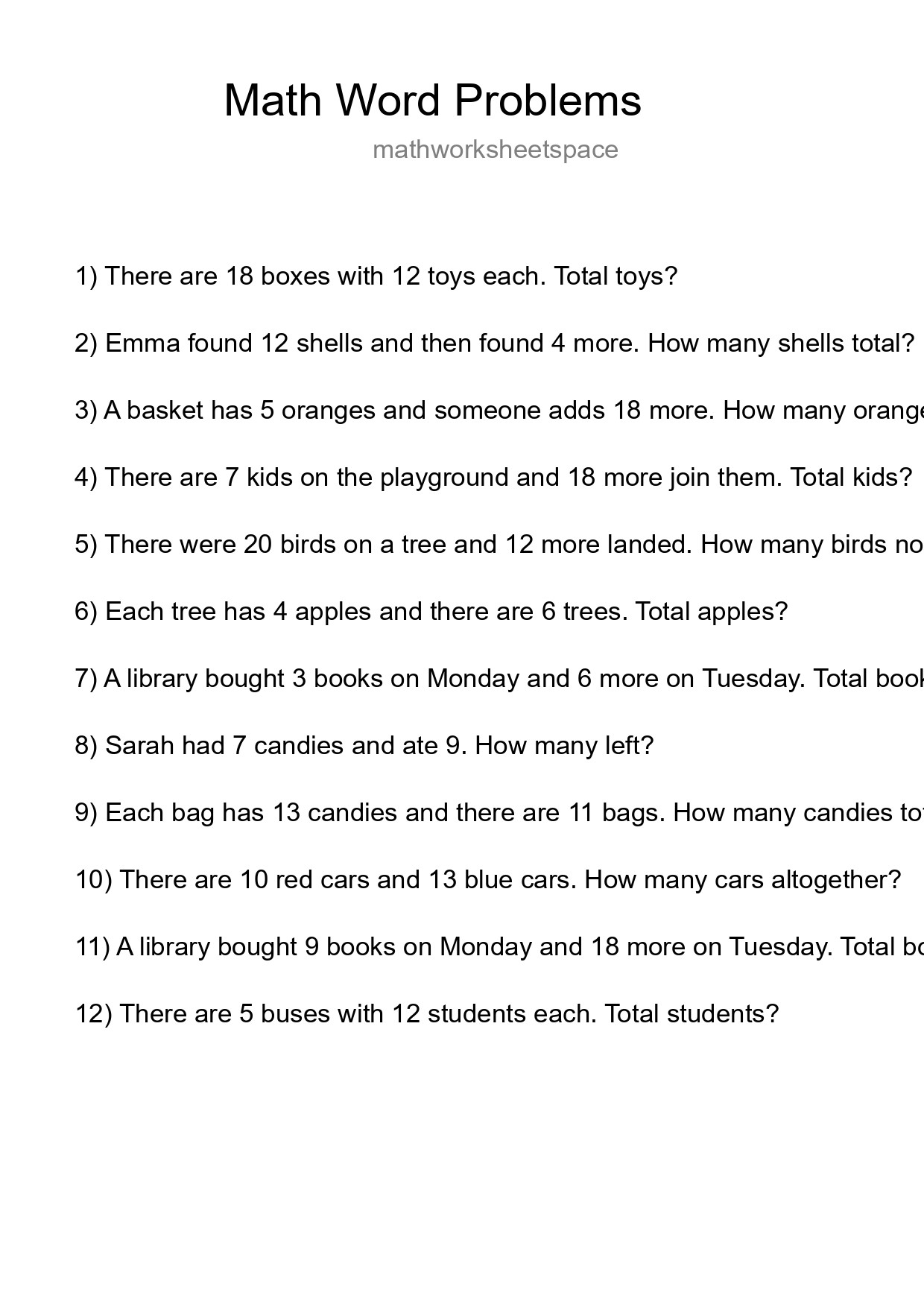 Math Word Problem Worksheet
