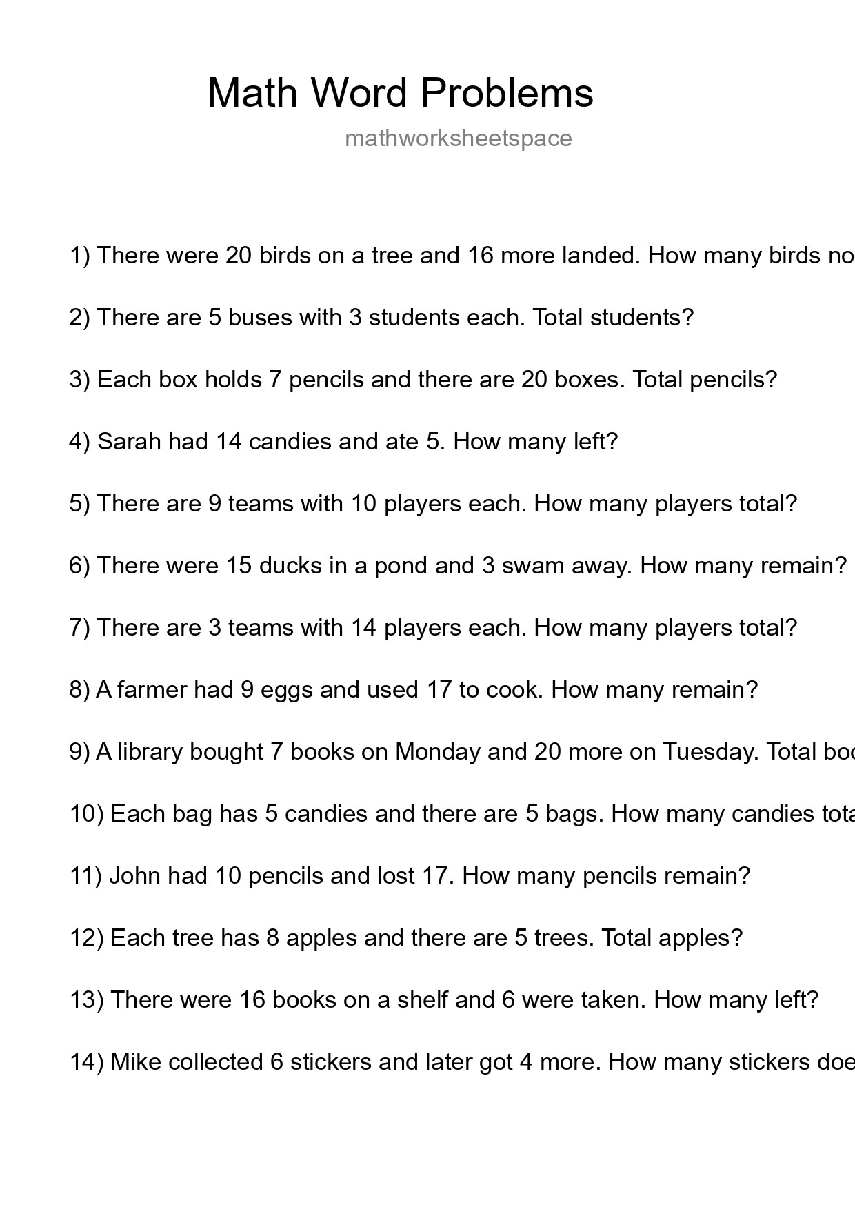 Math Word Problem Worksheet