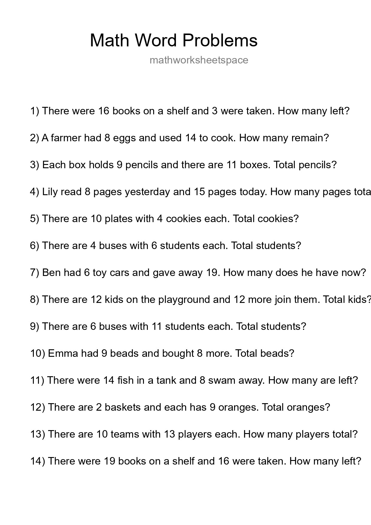 Math Word Problem Worksheet