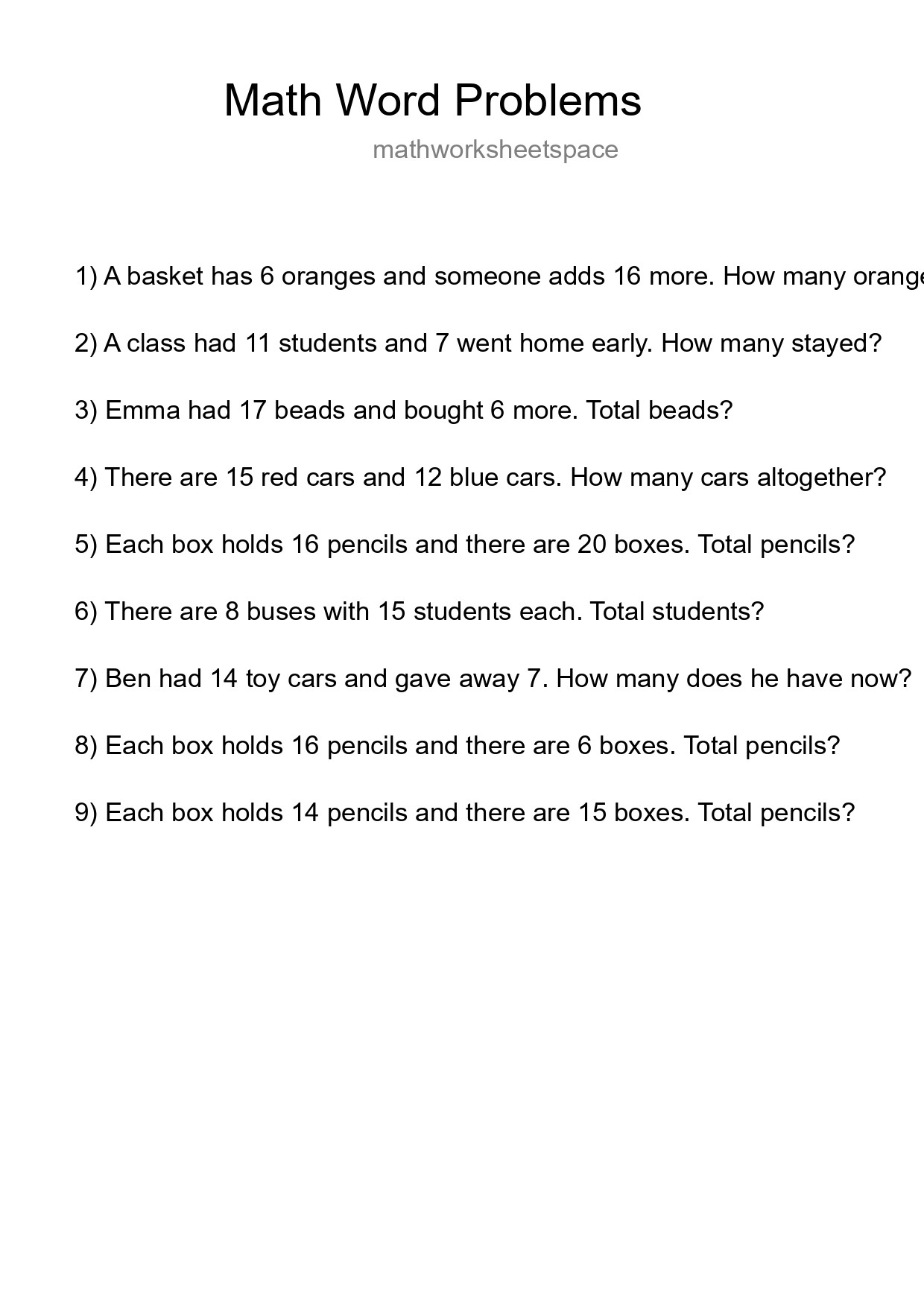 Math Word Problem Worksheet