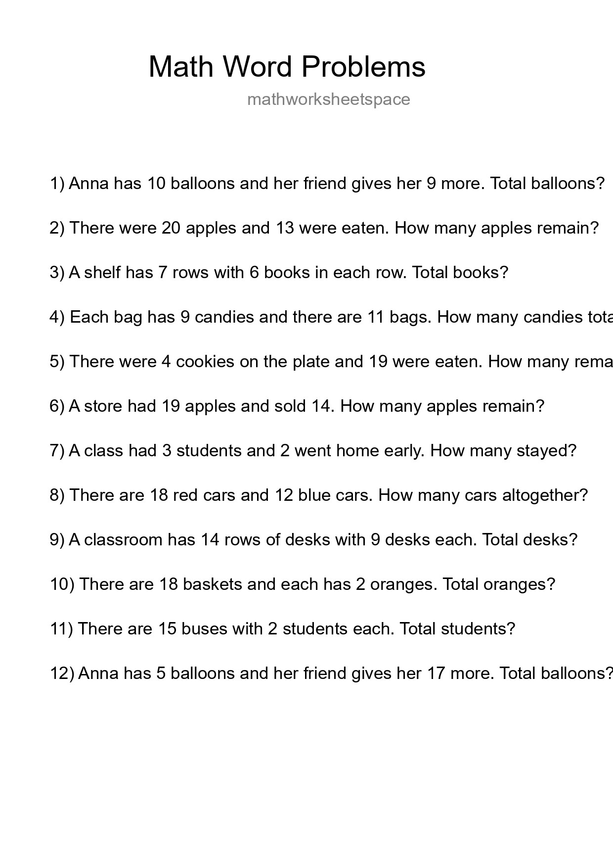 Math Word Problem Worksheet