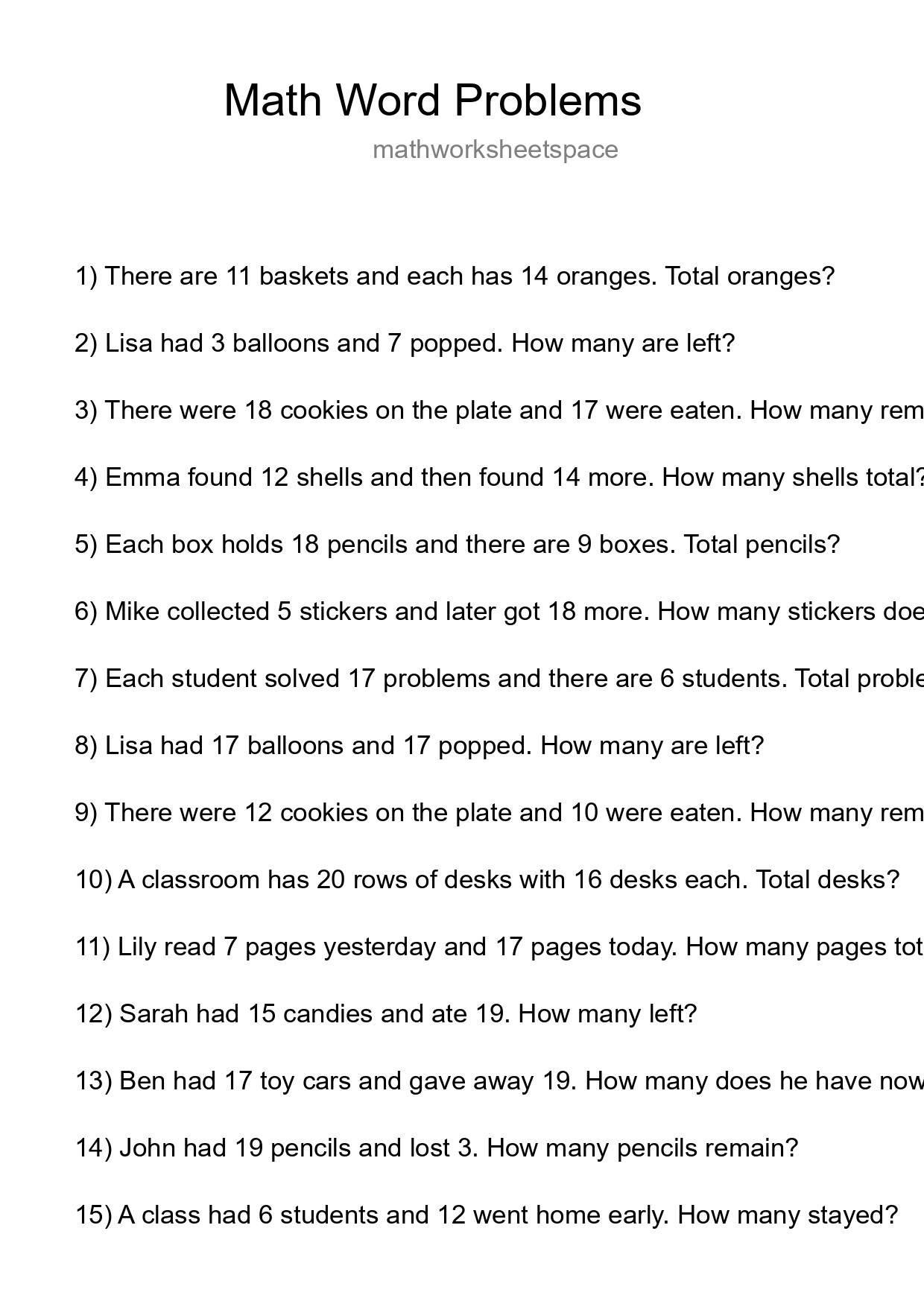 Math Word Problem Worksheet