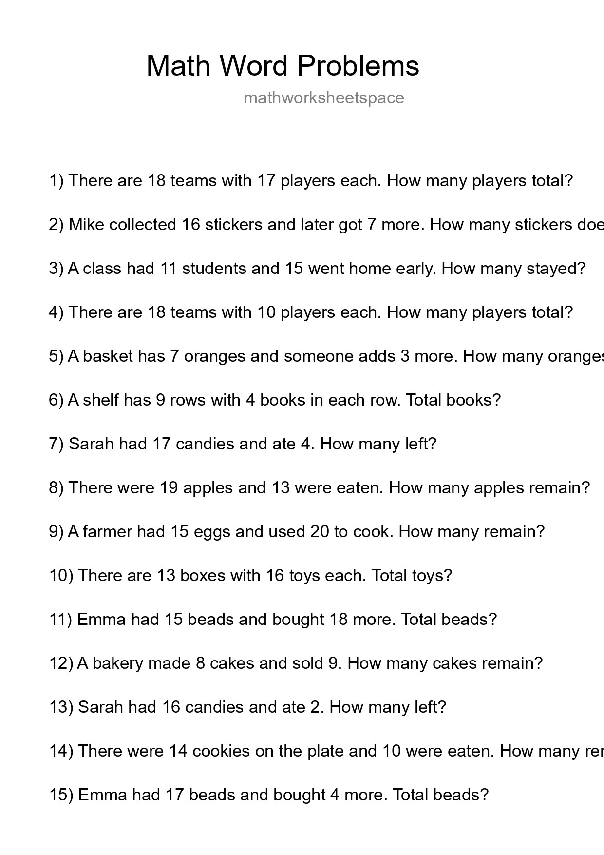 Math Word Problem Worksheet