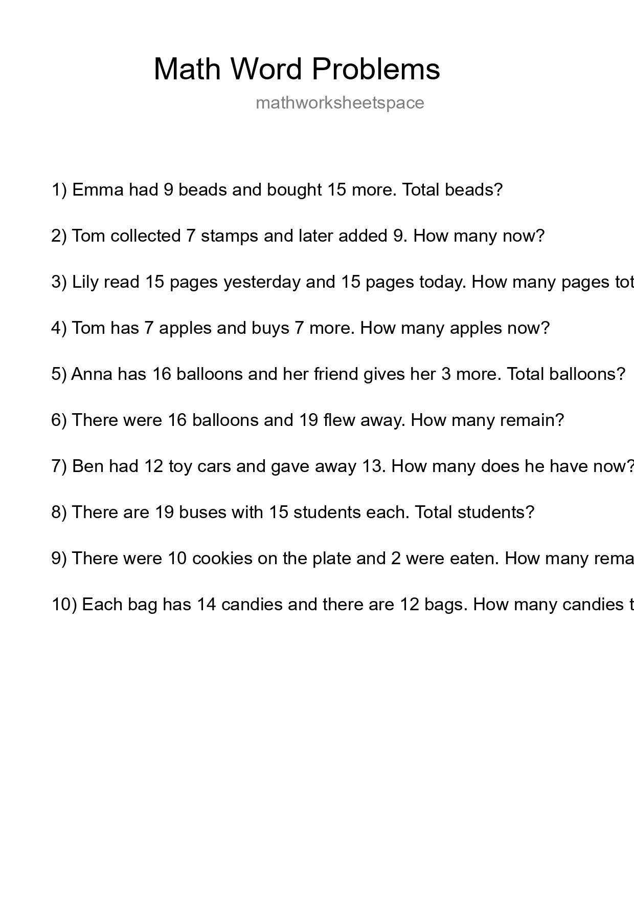 Math Word Problem Worksheet