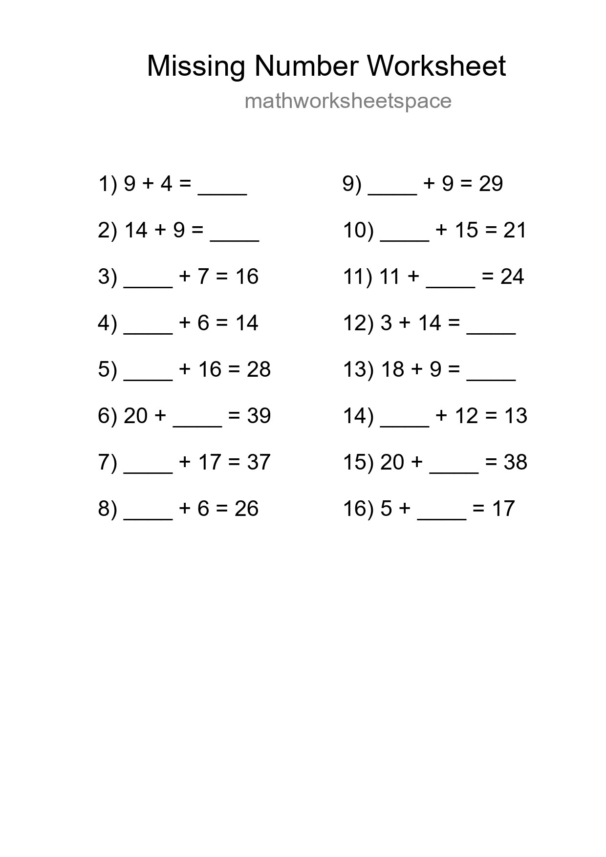 Missing Number Math Worksheet