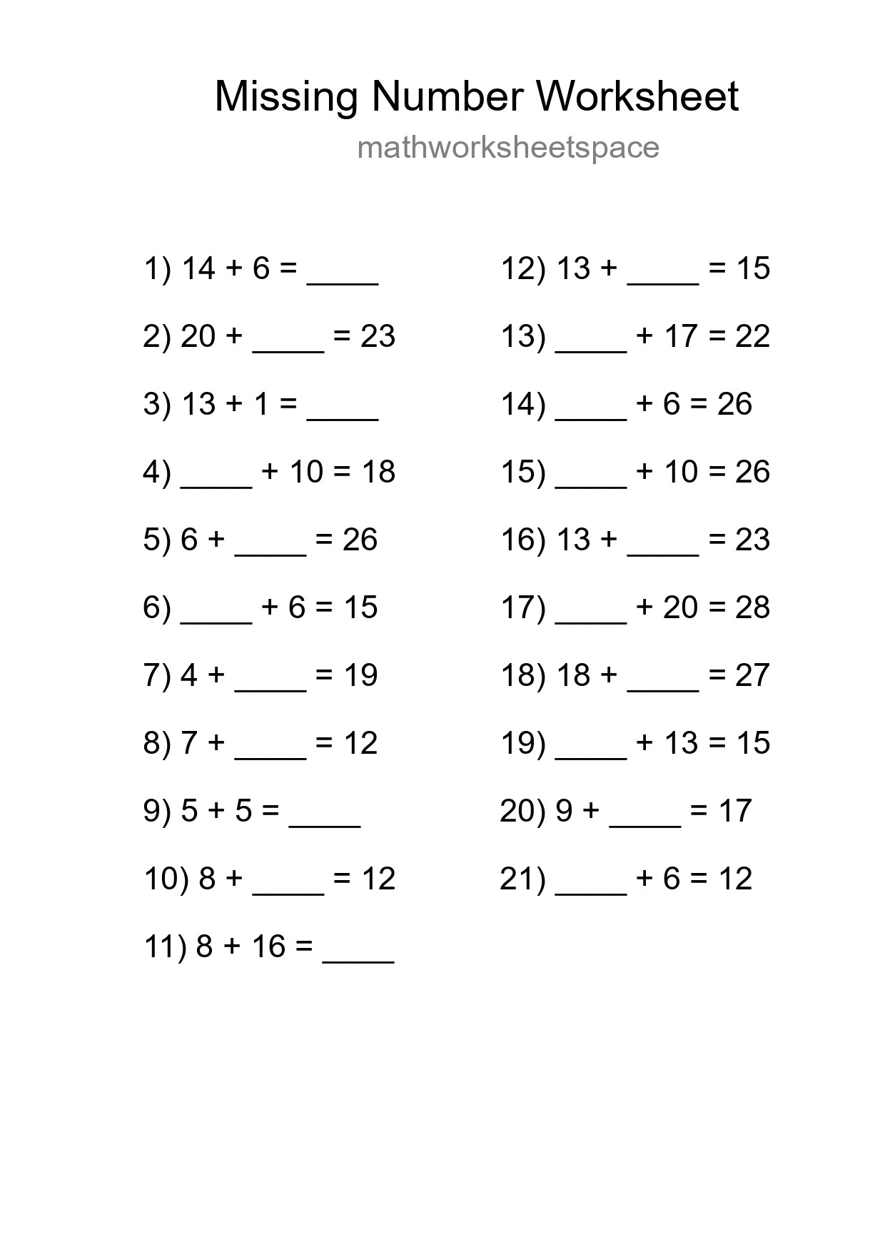 Missing Number Math Worksheet