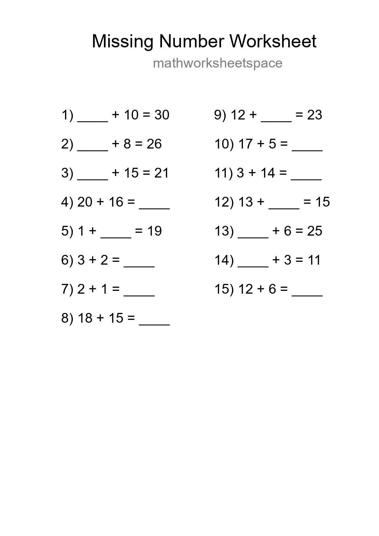 Missing Number Math Worksheet