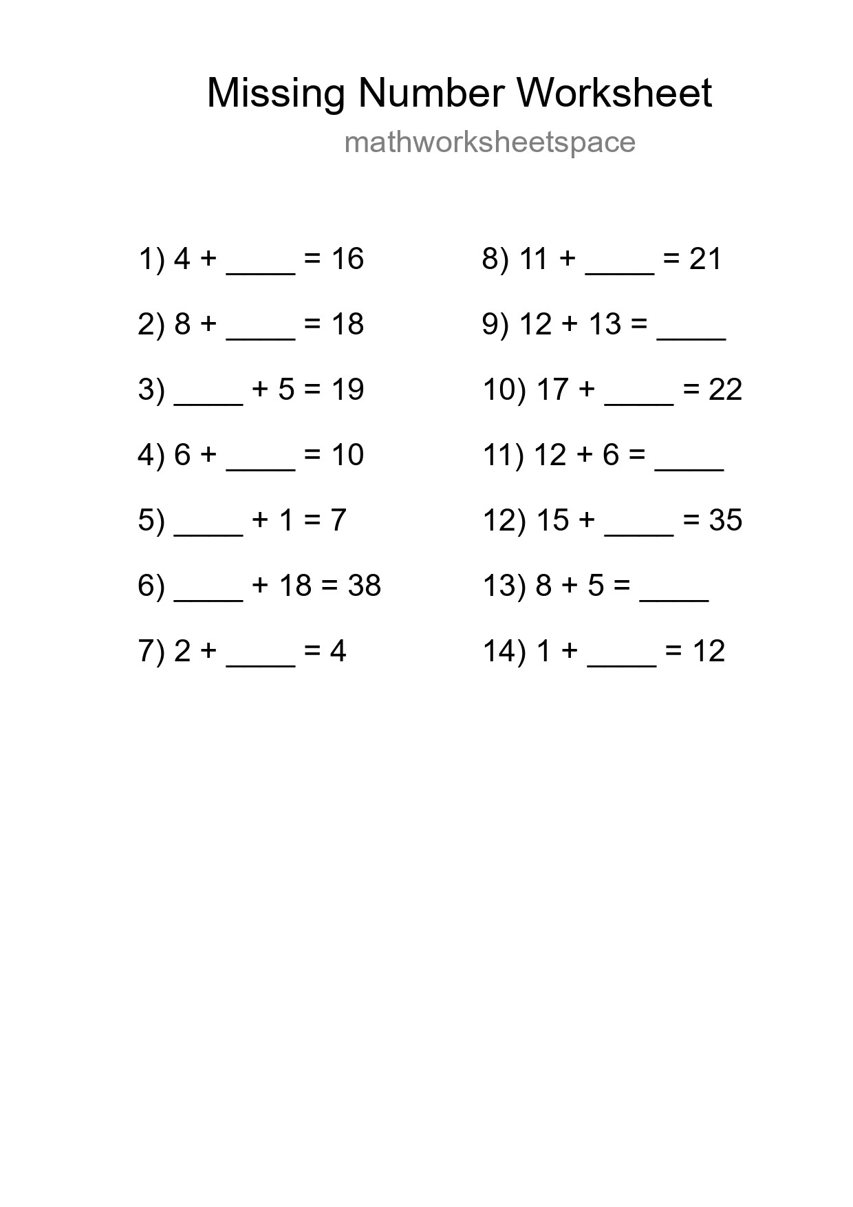 Missing Number Math Worksheet