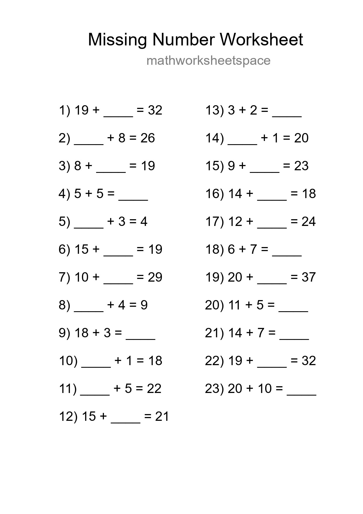 Missing Number Math Worksheet