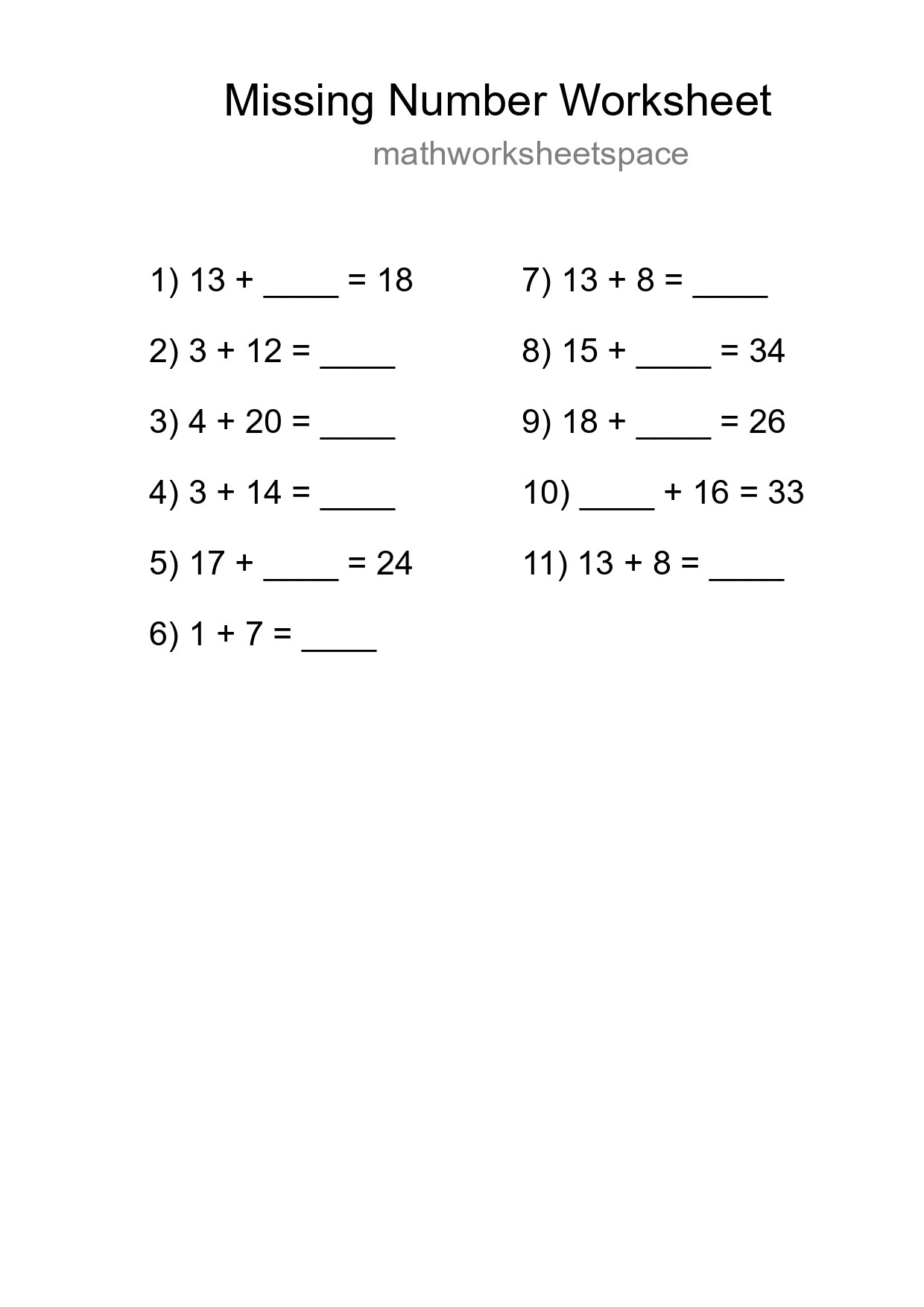 Missing Number Math Worksheet