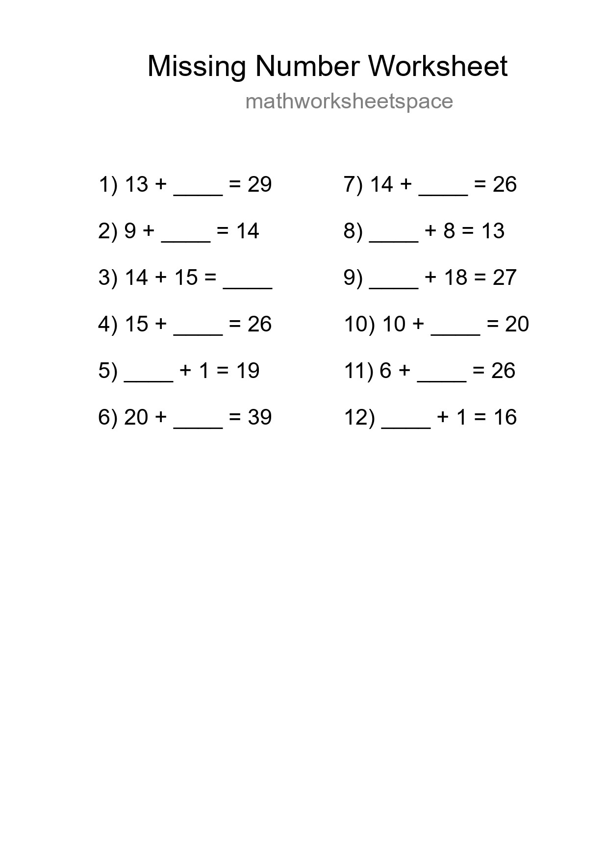 Missing Number Math Worksheet